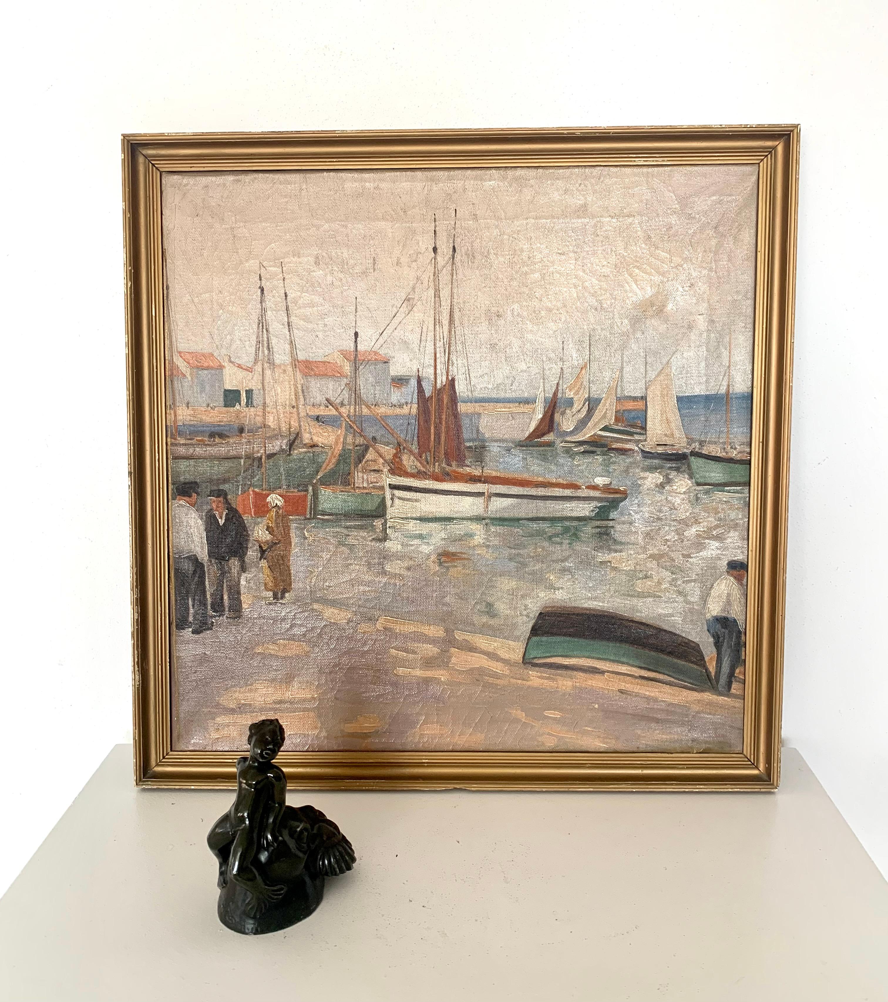 Vintage Mitte des Jahrhunderts maritime Ölgemälde mit Segelbooten im Yachthafen im Angebot 5