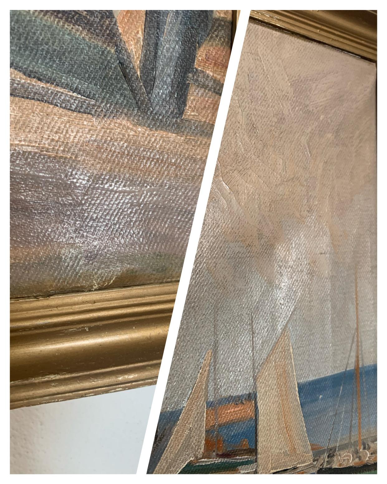 Vintage Mitte des Jahrhunderts maritime Ölgemälde mit Segelbooten im Yachthafen im Angebot 7