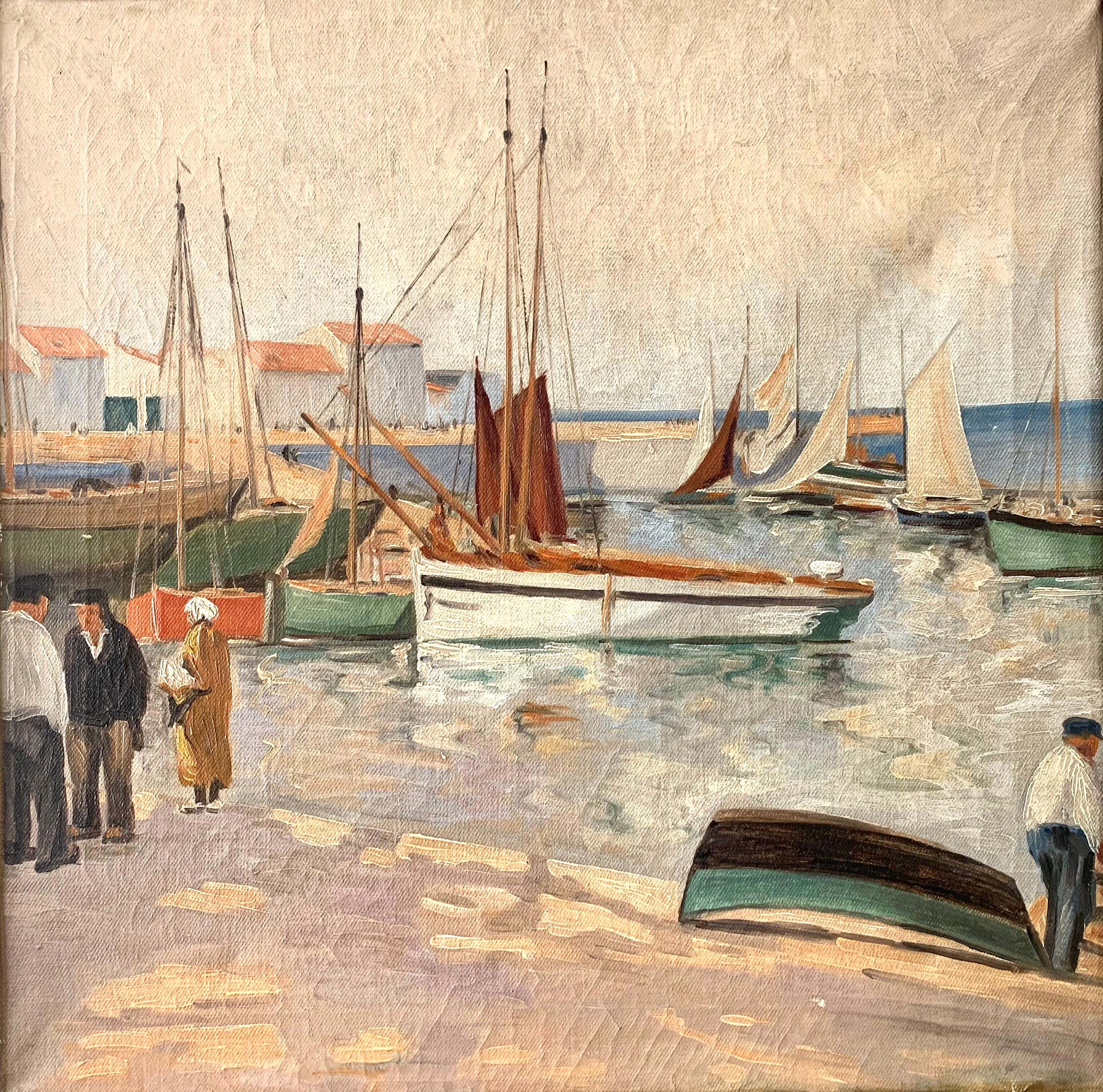 Maritimes skandinavisches Ölgemälde aus der frühen Mitte des Jahrhunderts, das eine Hafenlandschaft mit Segelbooten und ein paar Menschen zeigt. 

Die alltägliche Atmosphäre am Hafen, die leger gekleideten Menschen, die realistische Beleuchtung und