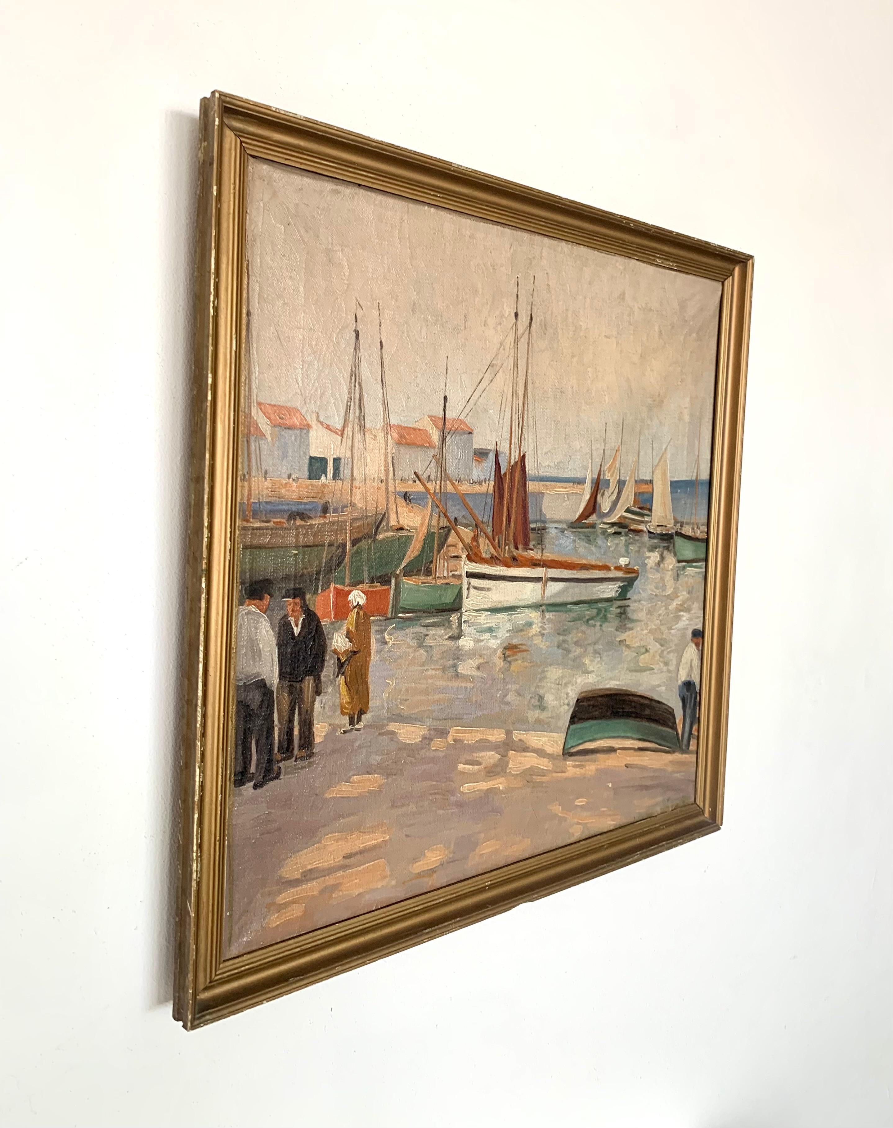 Vintage Mitte des Jahrhunderts maritime Ölgemälde mit Segelbooten im Yachthafen (Moderne der Mitte des Jahrhunderts) im Angebot