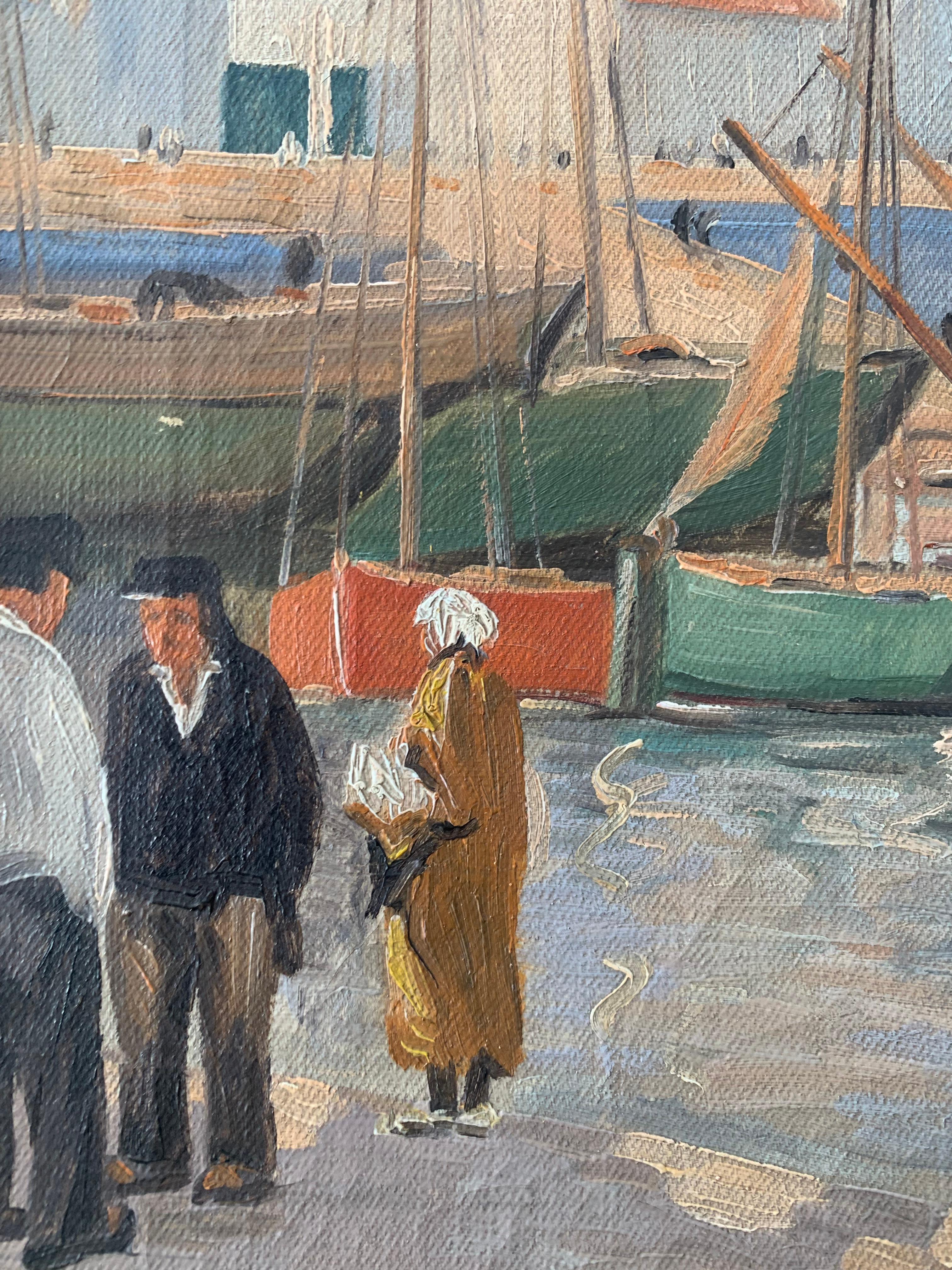 Vintage Mitte des Jahrhunderts maritime Ölgemälde mit Segelbooten im Yachthafen (Dänisch) im Angebot