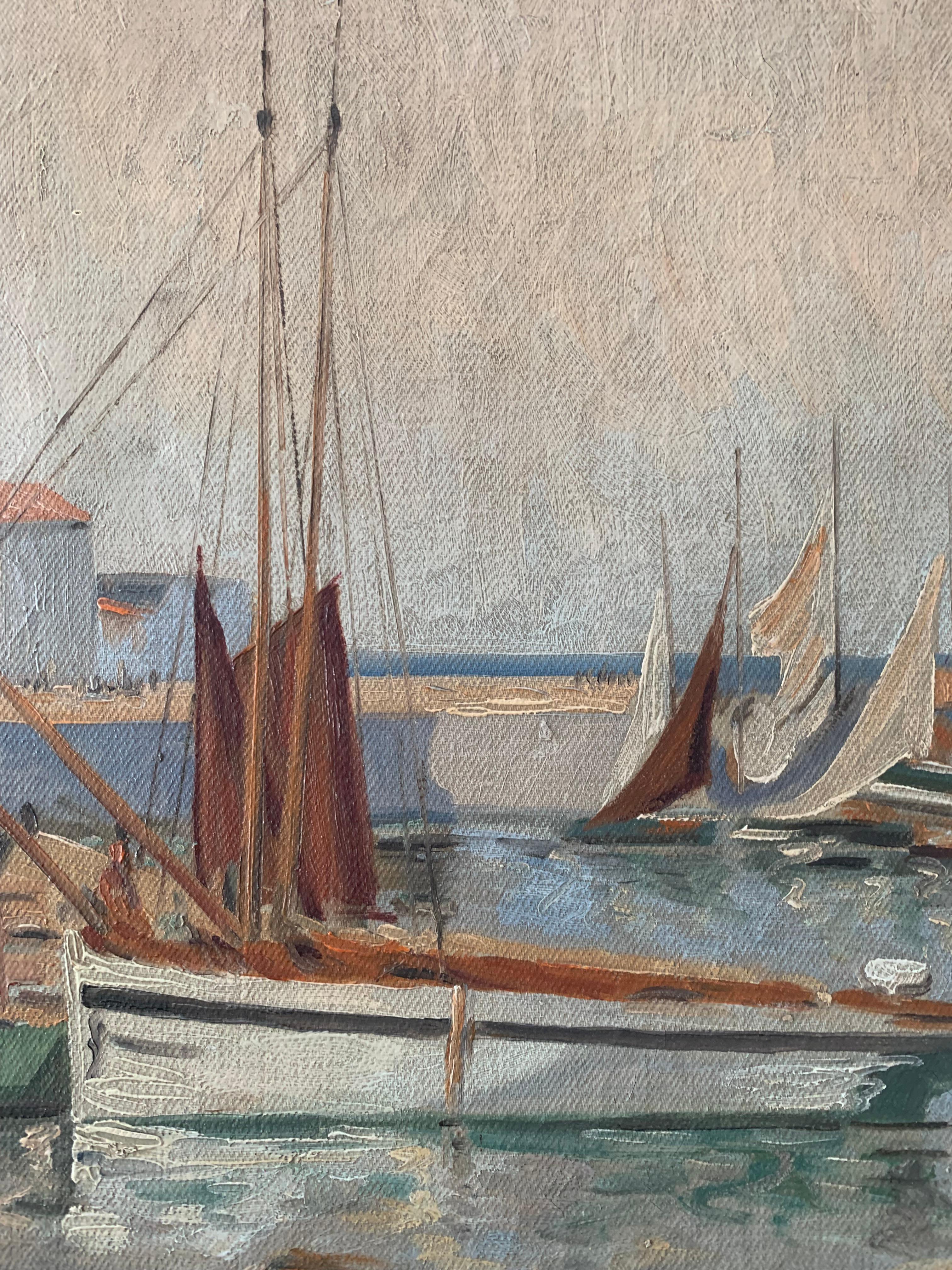 Vintage Mitte des Jahrhunderts maritime Ölgemälde mit Segelbooten im Yachthafen im Zustand „Gut“ im Angebot in Ebberup, DK