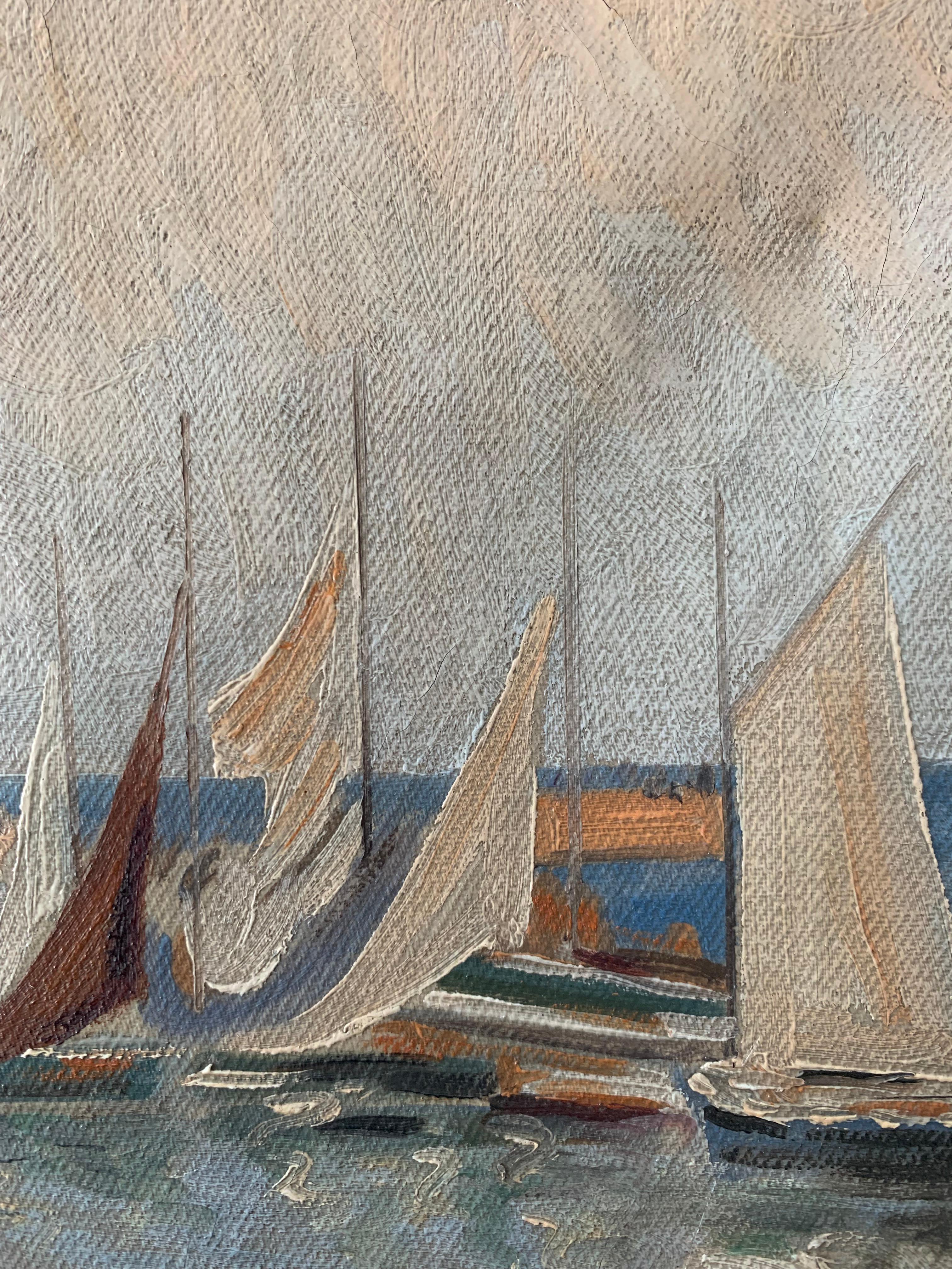 Vintage Mitte des Jahrhunderts maritime Ölgemälde mit Segelbooten im Yachthafen im Angebot 2