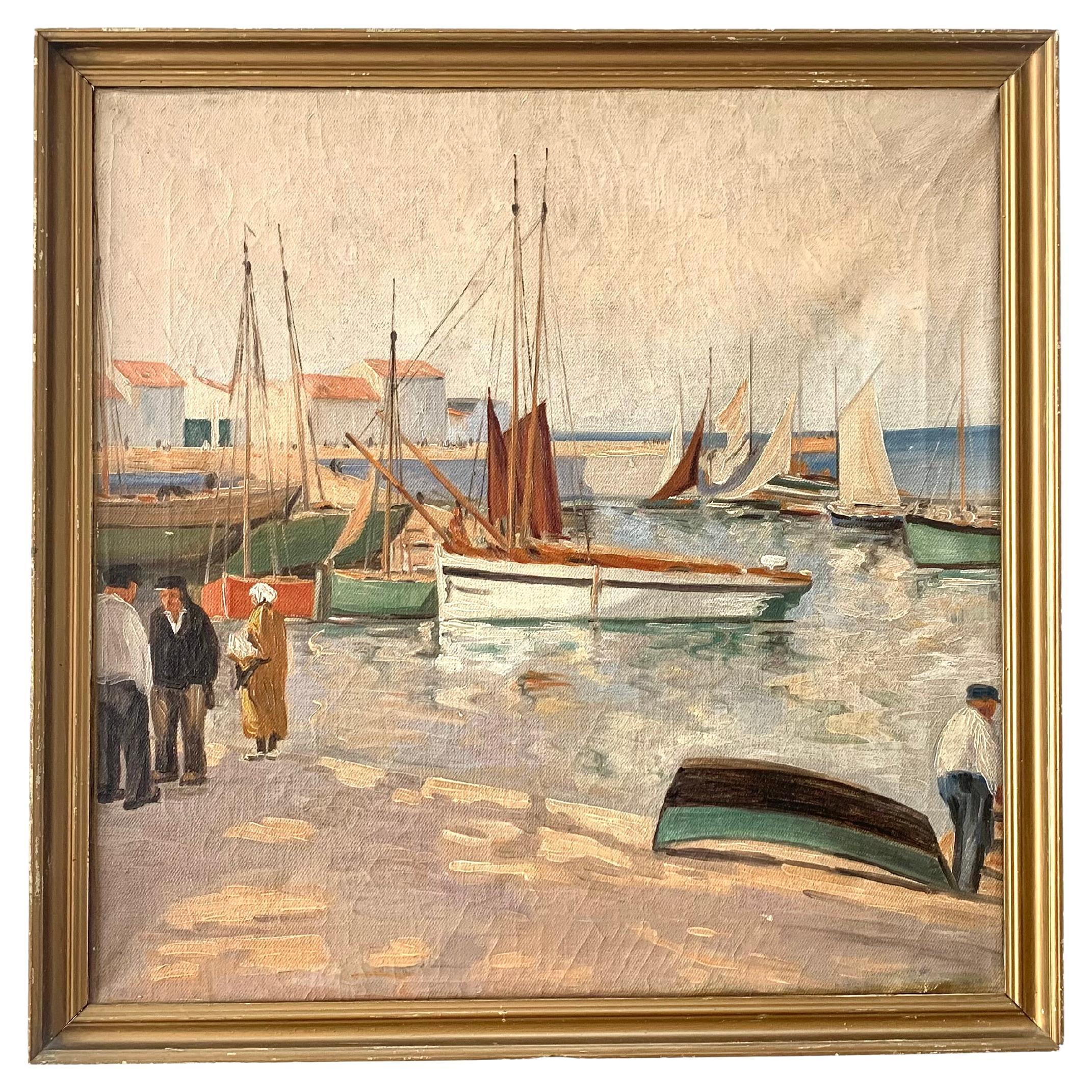 Vintage Mitte des Jahrhunderts maritime Ölgemälde mit Segelbooten im Yachthafen