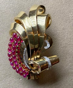 Vintage Midcentury Massive Cabochon Ruby Diamond Brooch