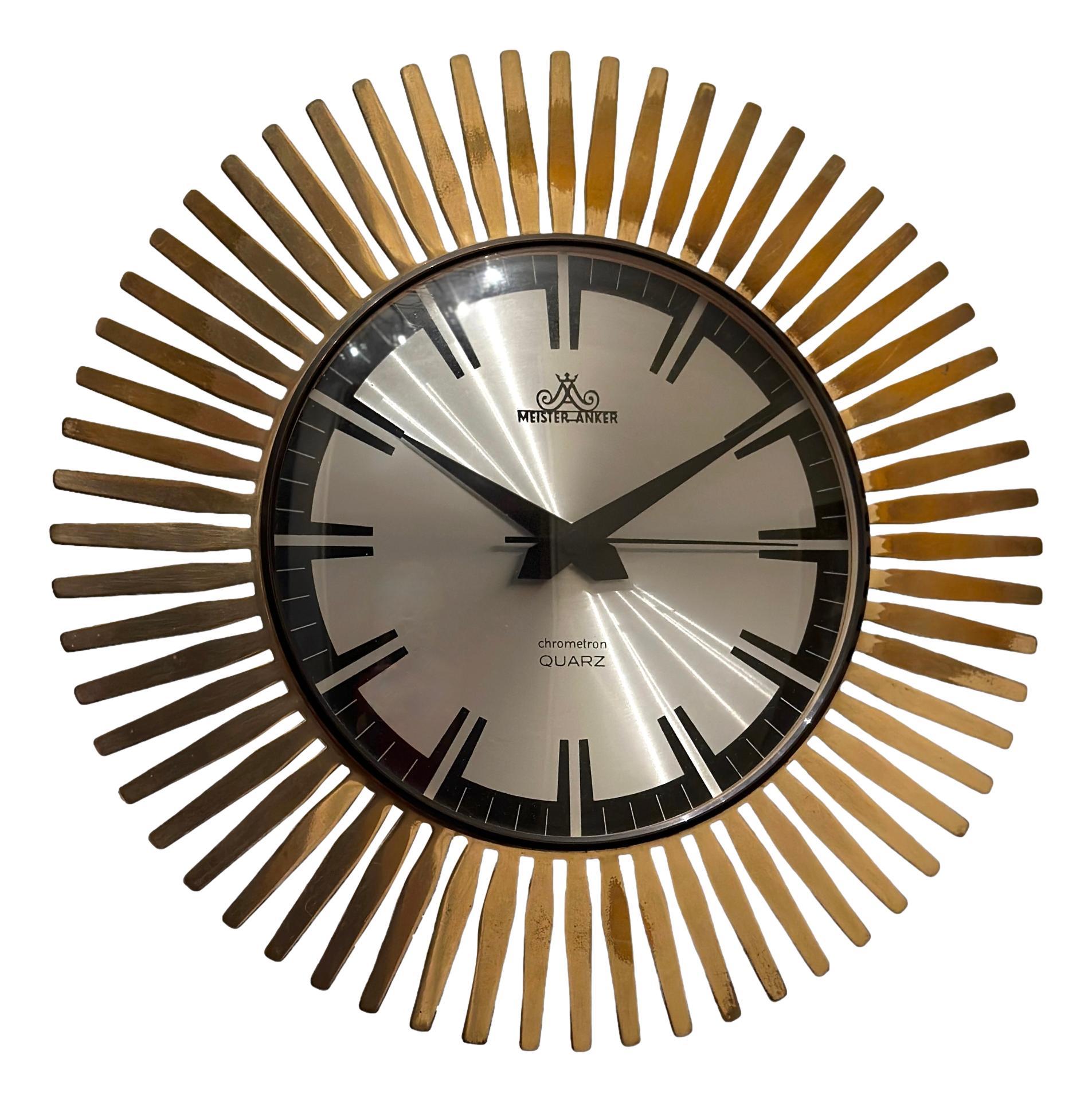 Vintage Mid-Century Meister Anker Sunburst Starburst Brass Wall Clock 2