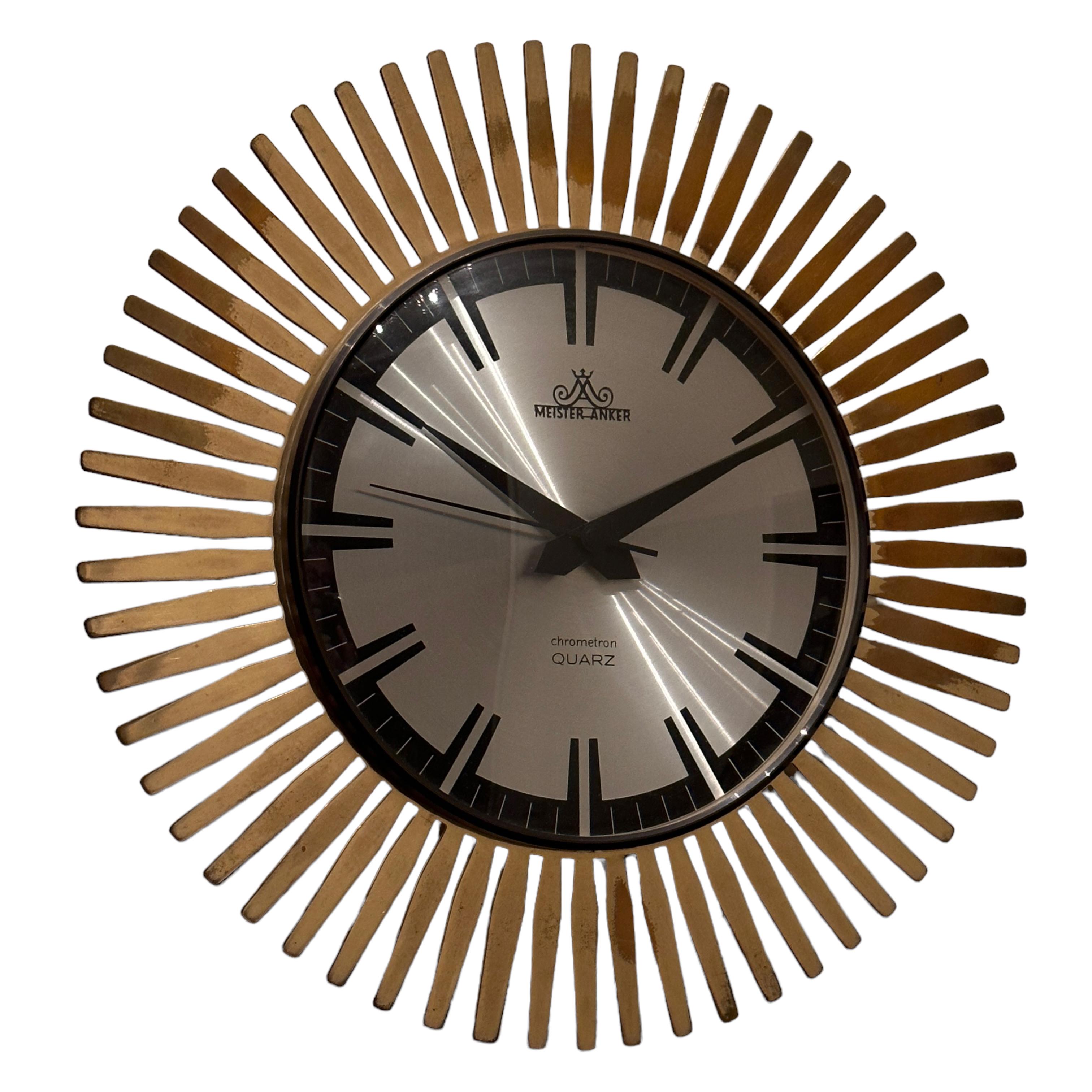 Vintage Mid-Century Meister Anker Sunburst Starburst Brass Wall Clock 4
