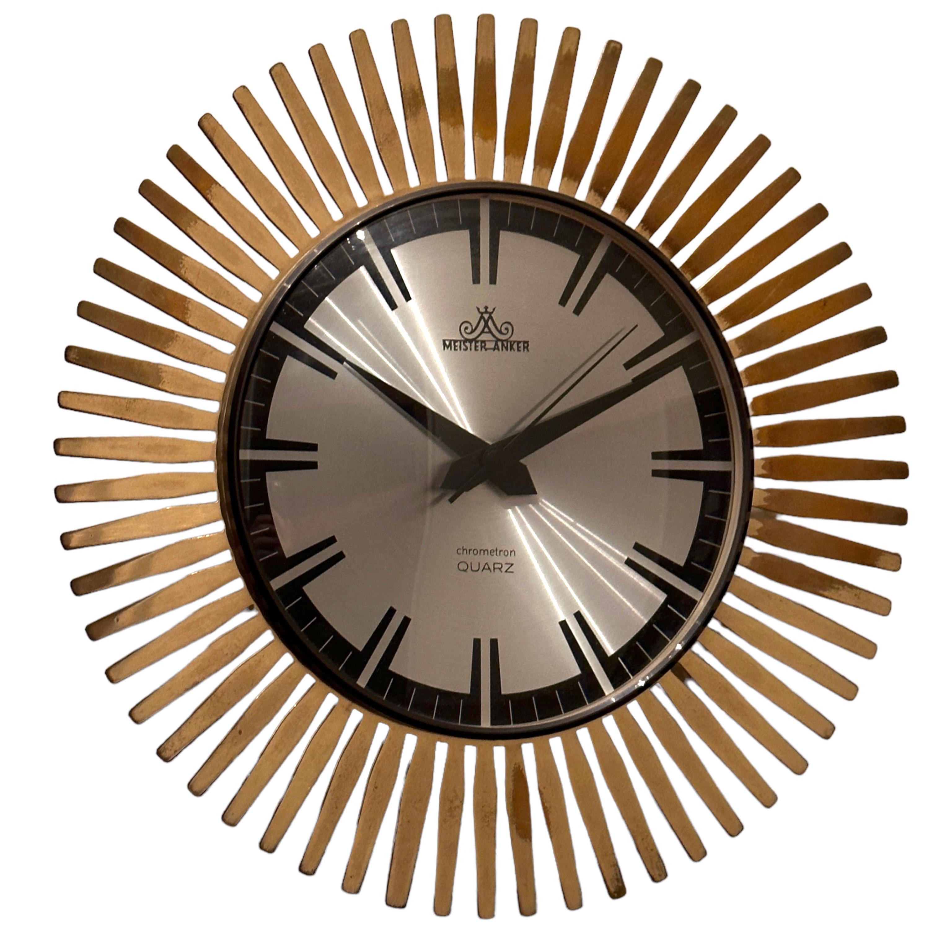 Vintage Mid-Century Meister Anker Sunburst Starburst Brass Wall Clock 5