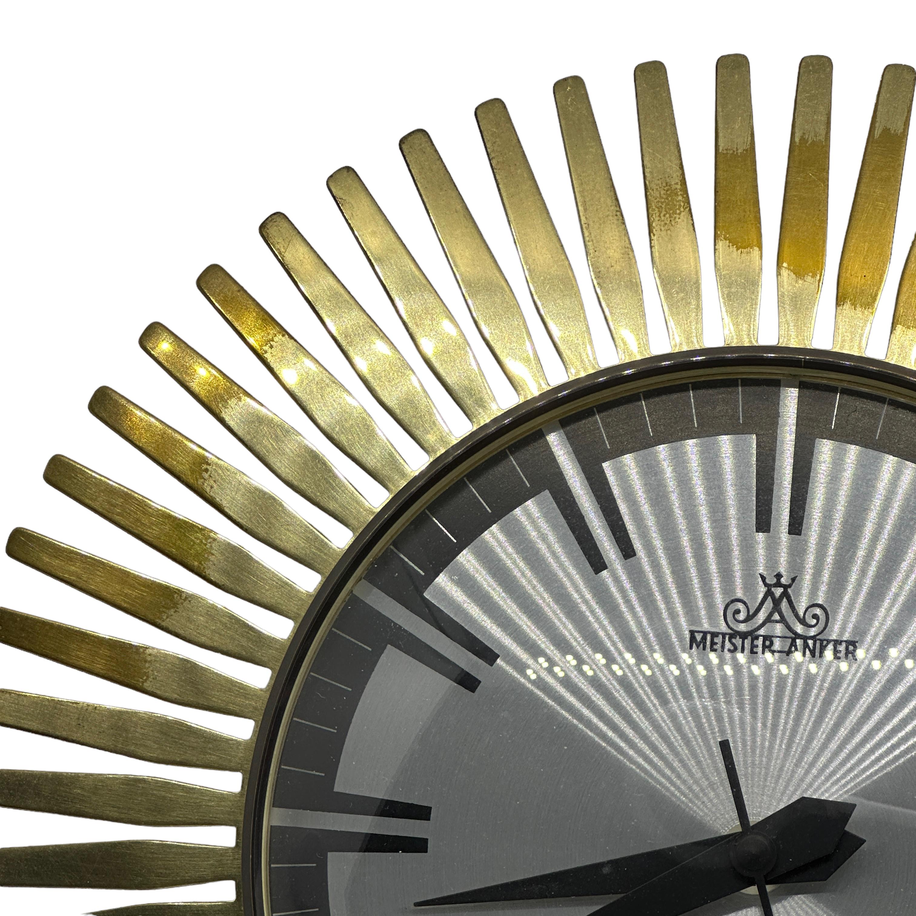 Vintage Mid-Century Meister Anker Sunburst Starburst Brass Wall Clock In Good Condition In Nuernberg, DE