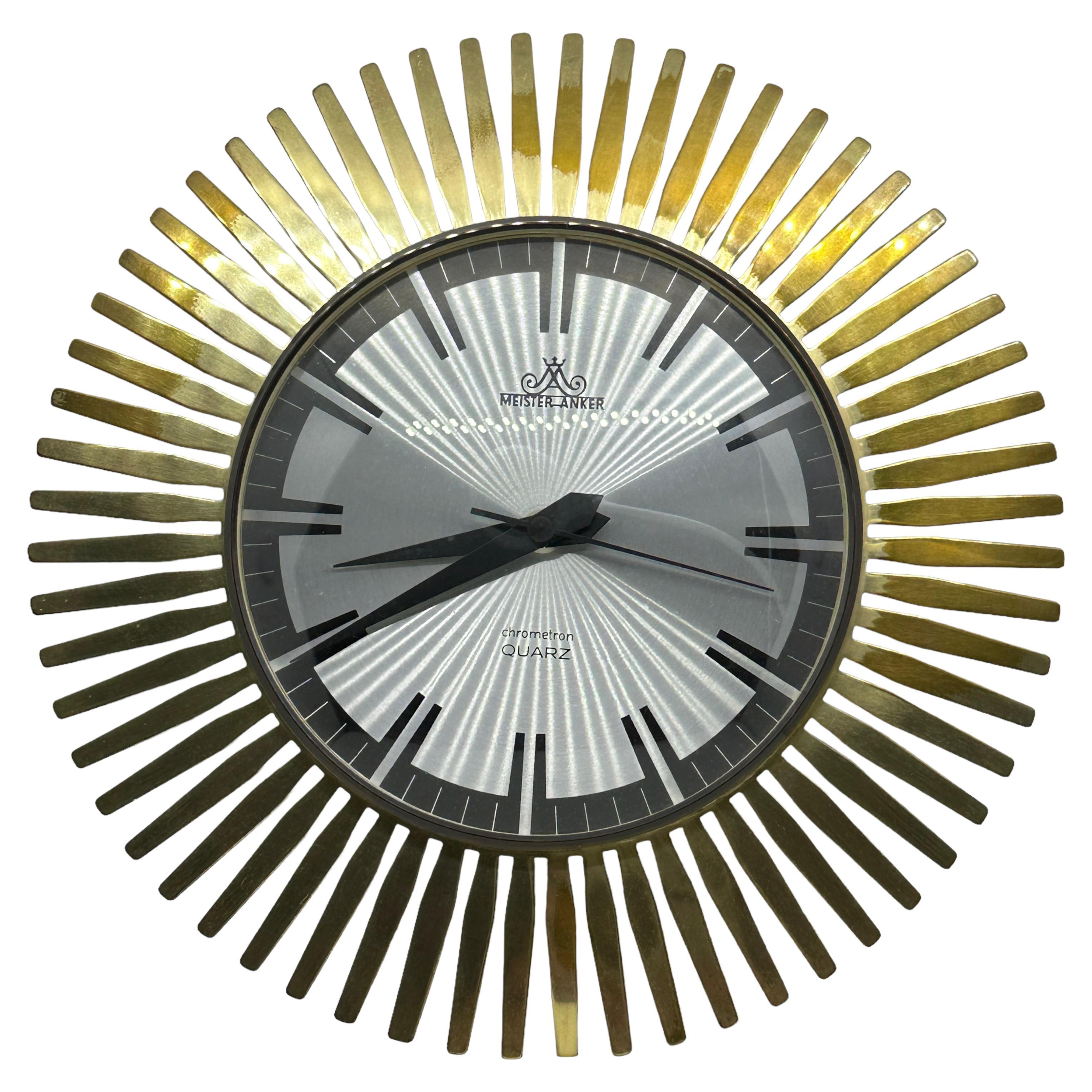 Vintage Mid-Century Meister Anker Sunburst Starburst Brass Wall Clock