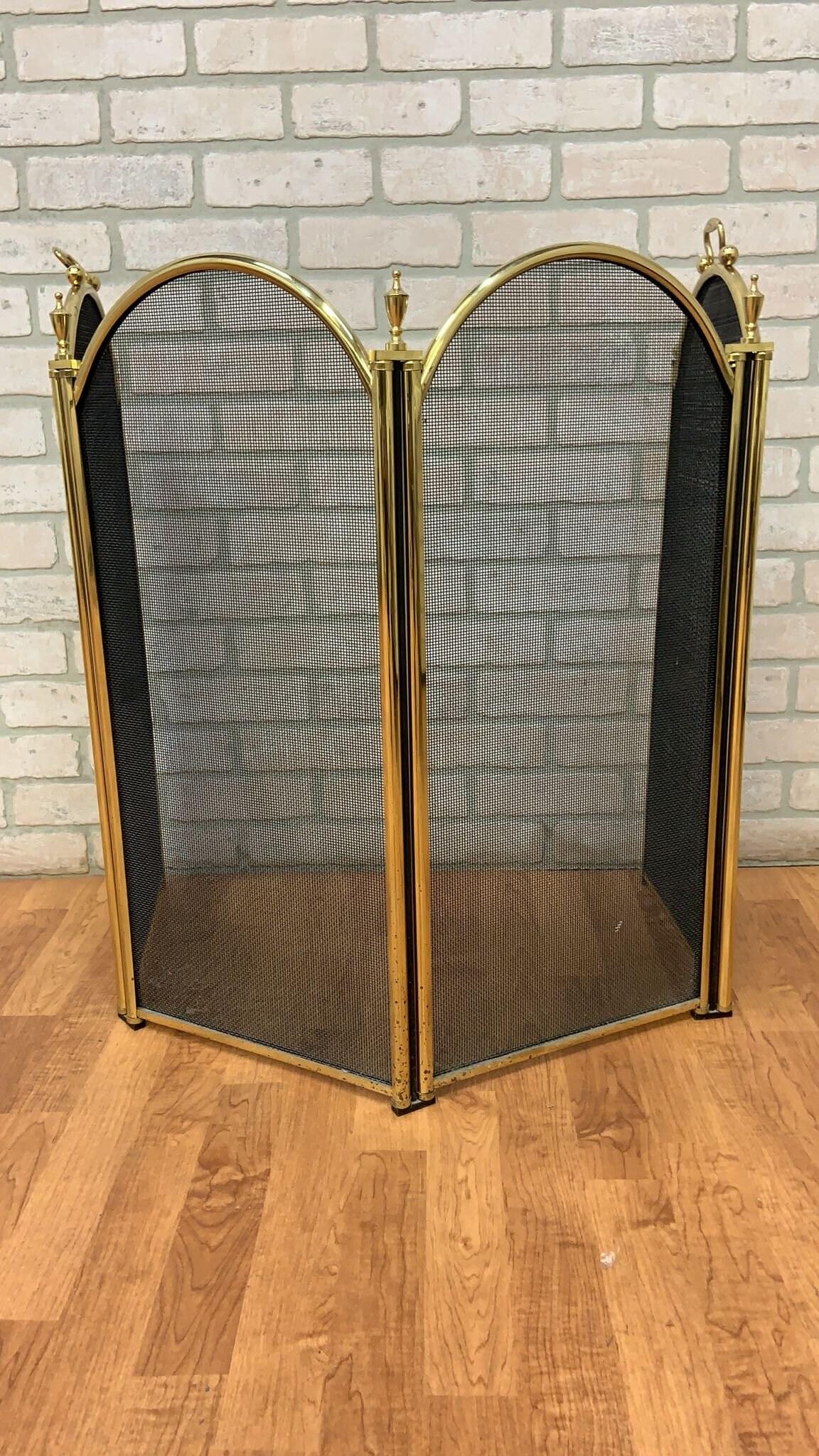 Vintage Mid Century Modern Black Mesh with Brass Ball Handles Finials Folding 4 Panel  Hearth Accessory Fire Place Decor

 Enhance the aesthetic appeal of your fireplace with this vintage fire place decor. Crafted with attention to detail, this