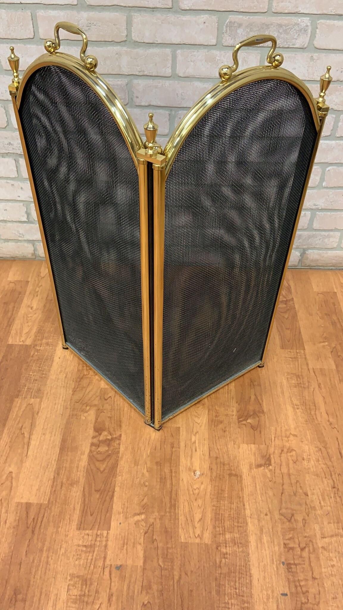 Mid-Century Modern Vintage Mid Century Mesh with Brass Ball Handles & Finials Folding Hearth Screen For Sale