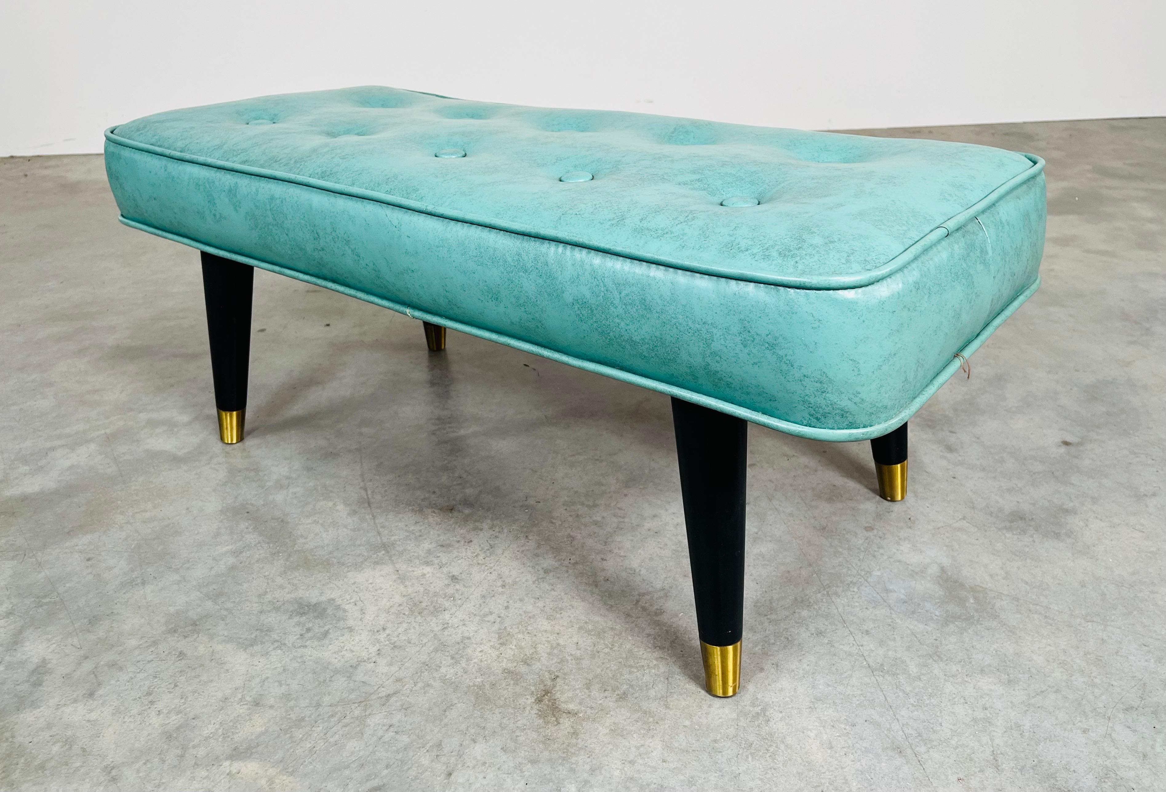Mid-Century Modern Banc touffeté turquoise vintage du milieu du siècle, style Milo Baughman -1950s en vente