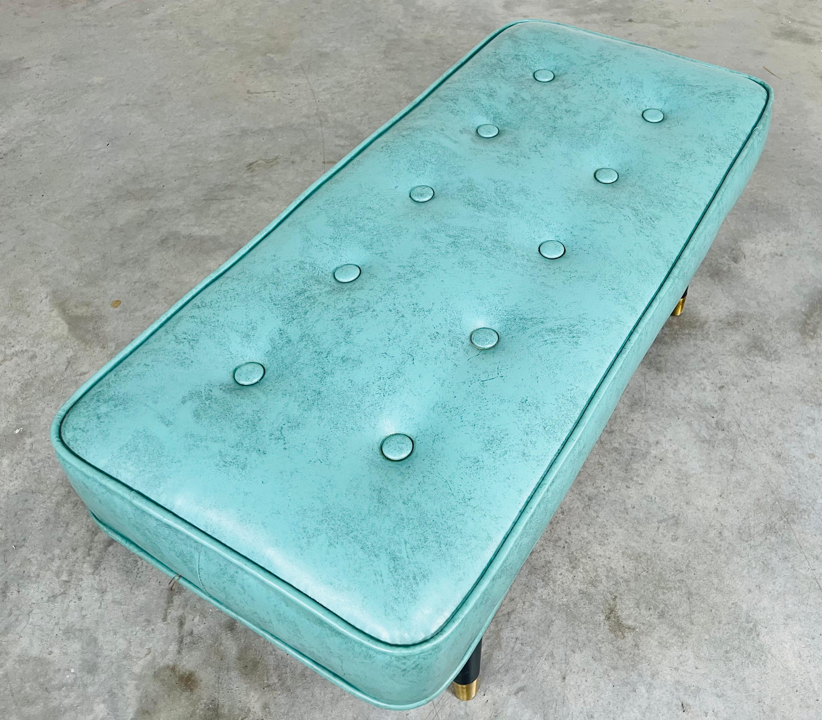 Ébénisé Banc touffeté turquoise vintage du milieu du siècle, style Milo Baughman -1950s en vente