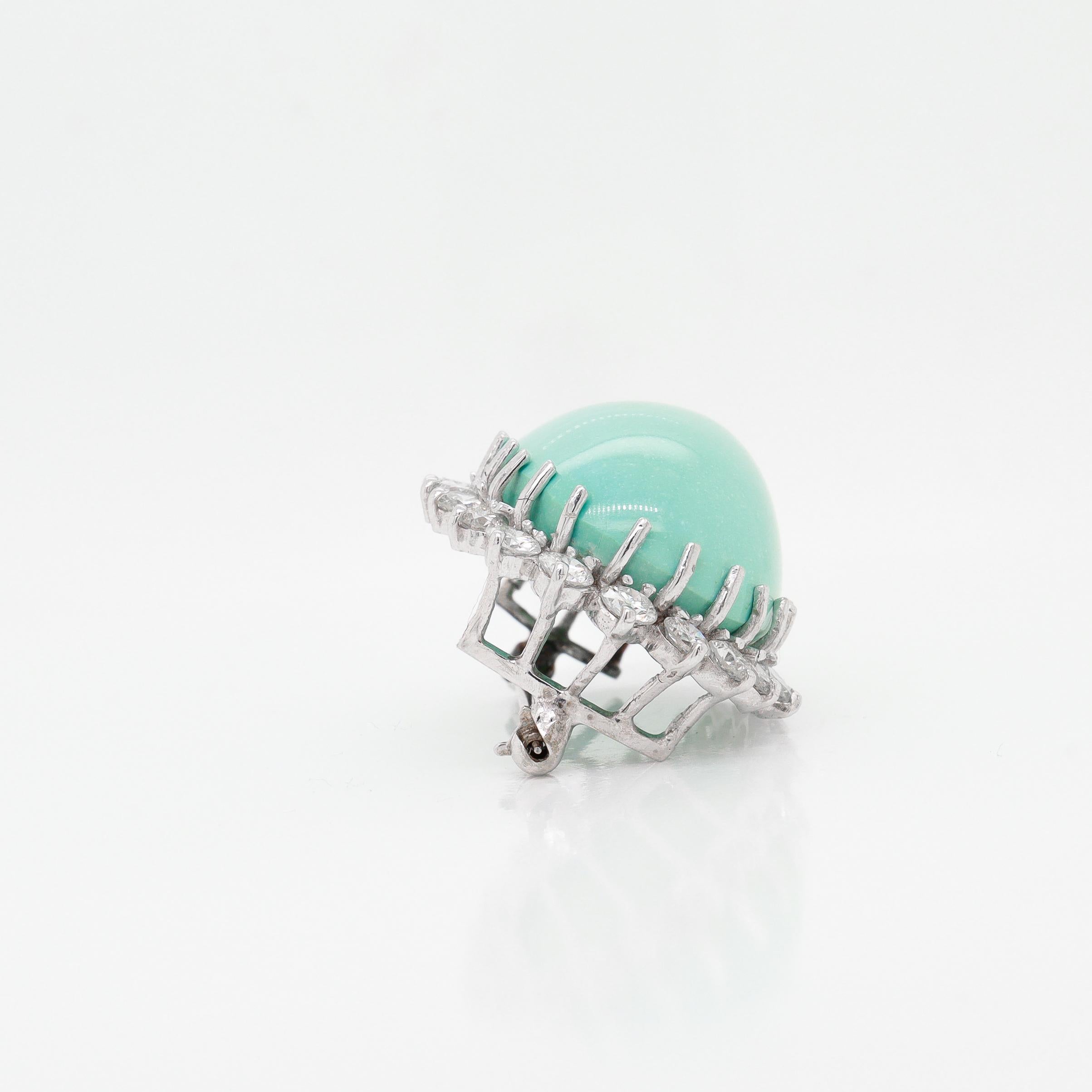 Vintage Mid-Century Modern 14k Gold, Diamond, & 33 Ct. Turquoise Cabochon Brooch For Sale 6