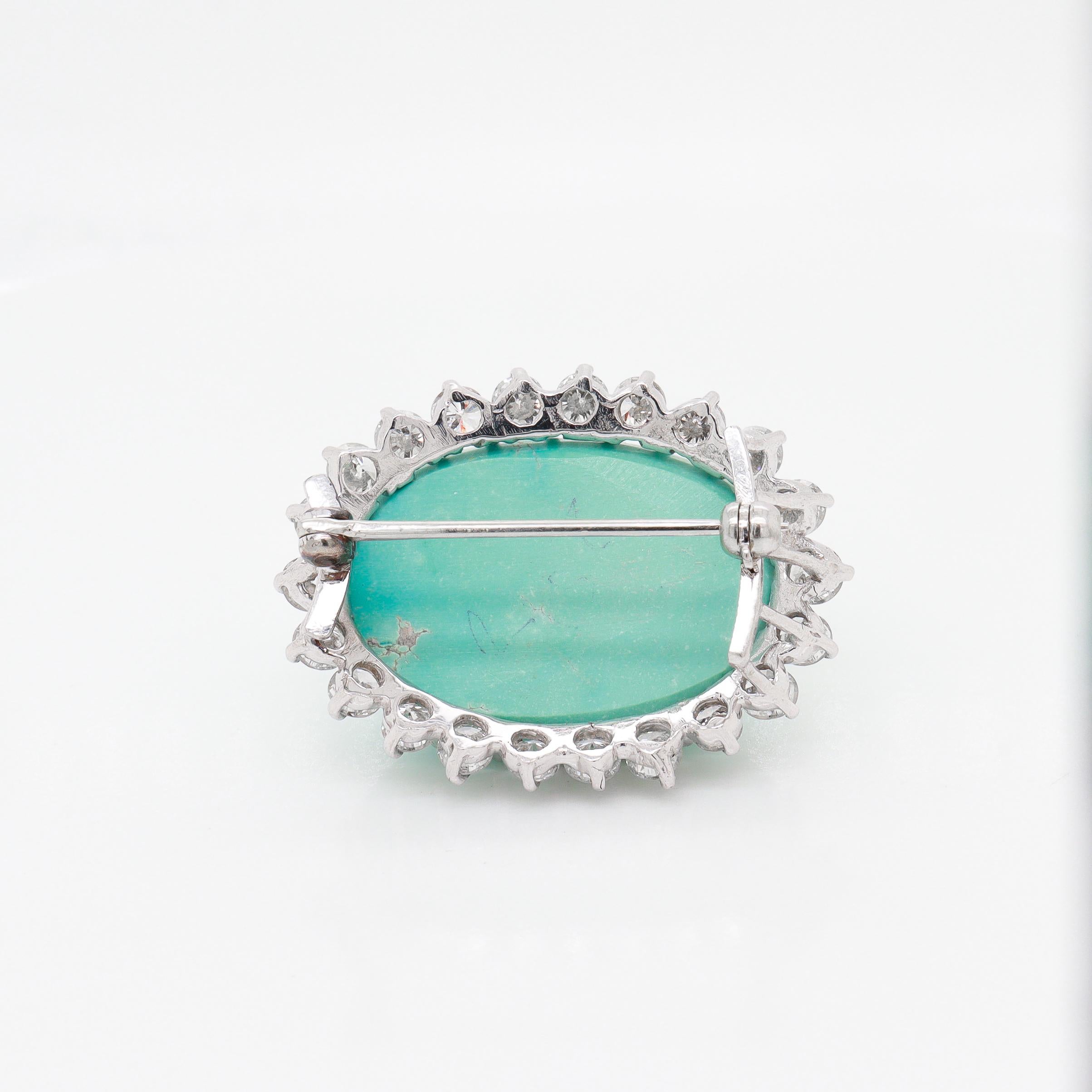 Vintage Mid-Century Modern 14k Gold, Diamond, & 33 Ct. Turquoise Cabochon Brooch For Sale 7