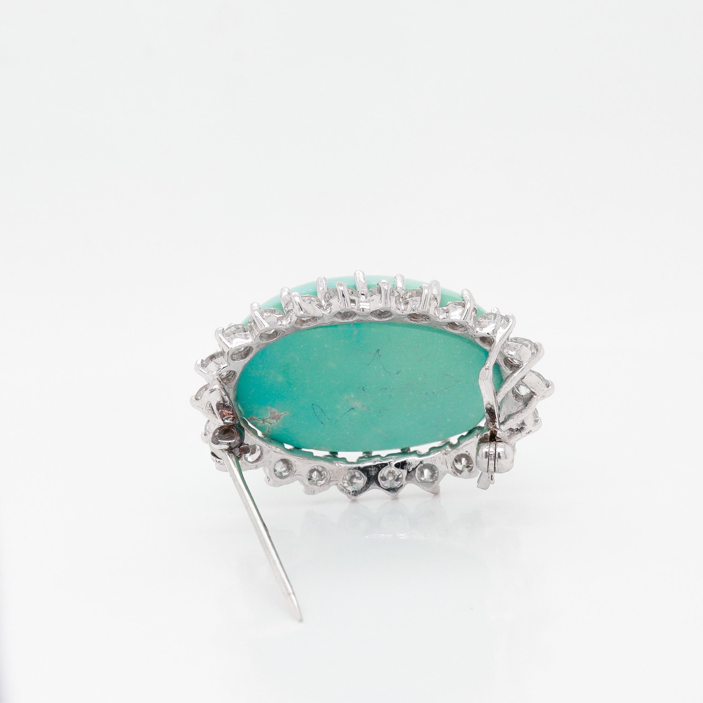 Vintage Mid-Century Modern 14k Gold, Diamond, & 33 Ct. Turquoise Cabochon Brooch For Sale 8