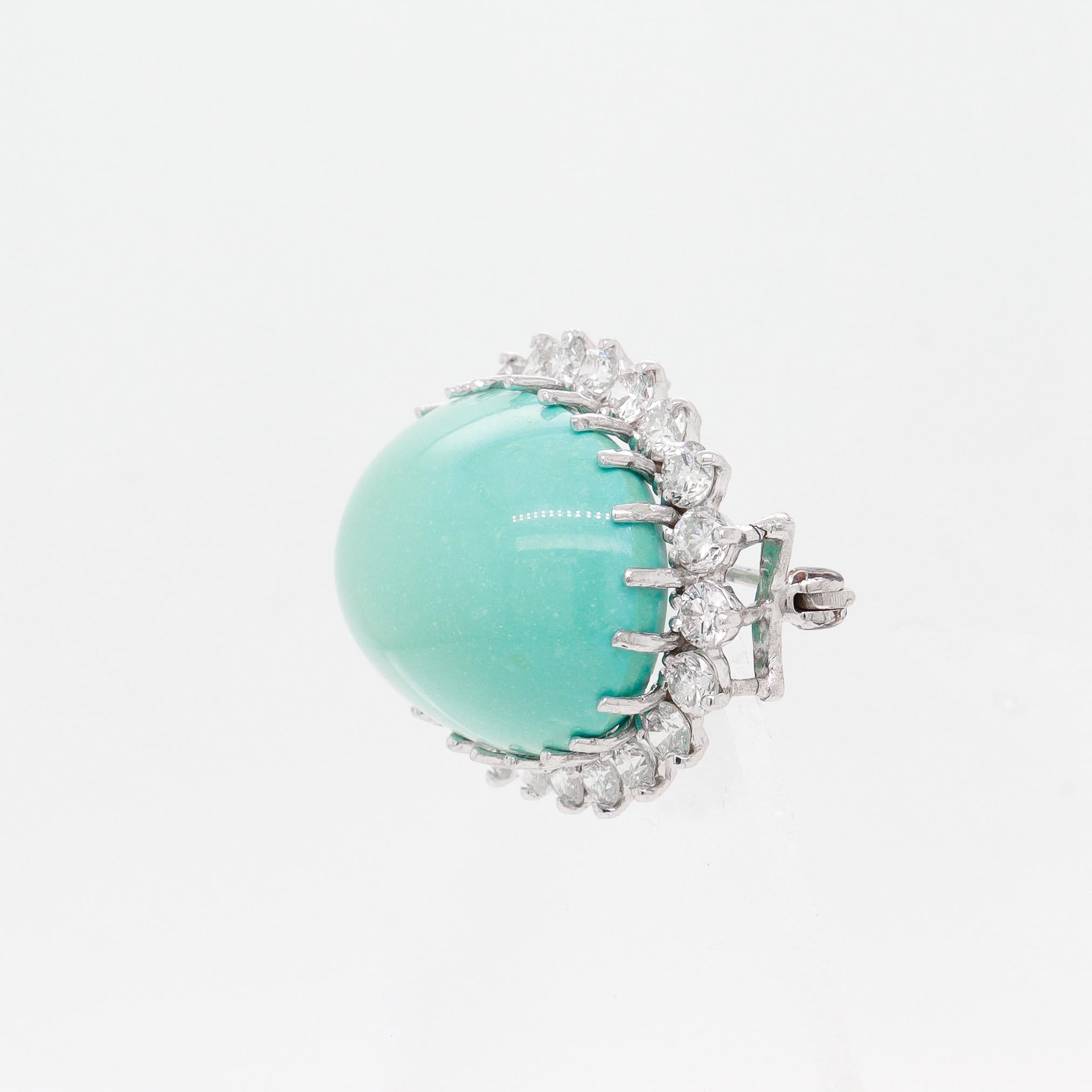 Vintage Mid-Century Modern 14k Gold, Diamond, & 33 Ct. Turquoise Cabochon Brooch For Sale 10