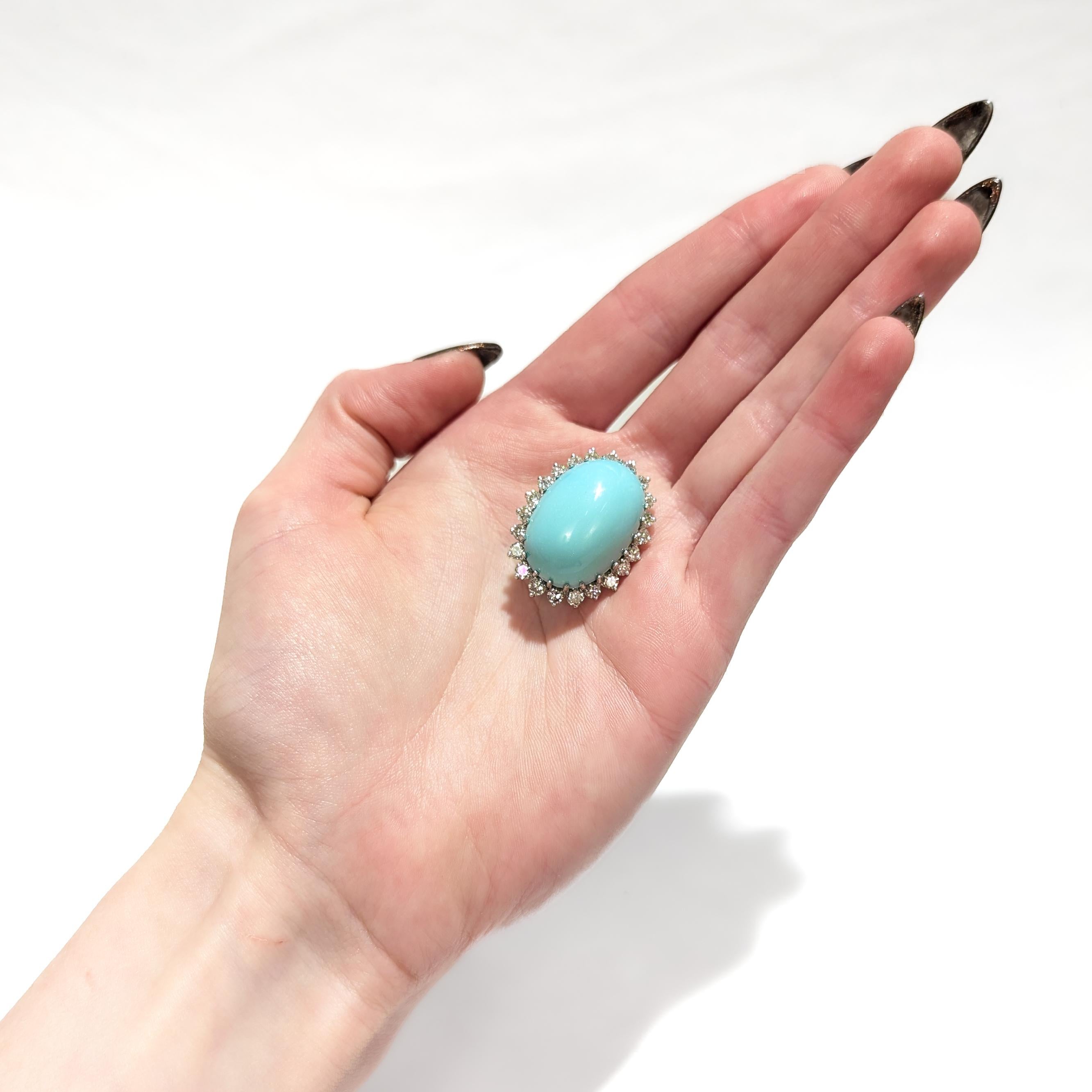 Vintage Mid-Century Modern 14k Gold, Diamond, & 33 Ct. Turquoise Cabochon Brooch In Good Condition For Sale In Philadelphia, PA