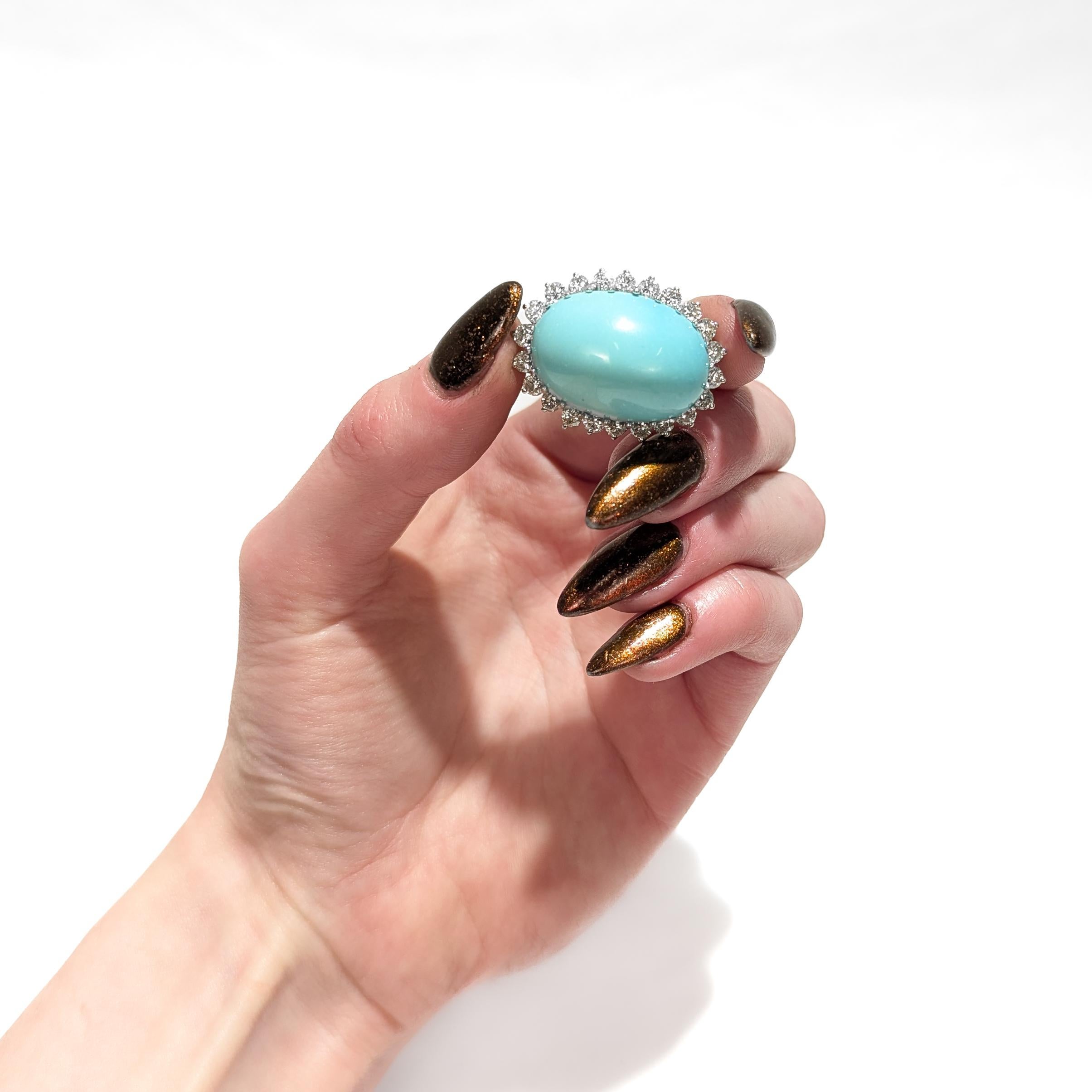 Women's or Men's Vintage Mid-Century Modern 14k Gold, Diamond, & 33 Ct. Turquoise Cabochon Brooch For Sale