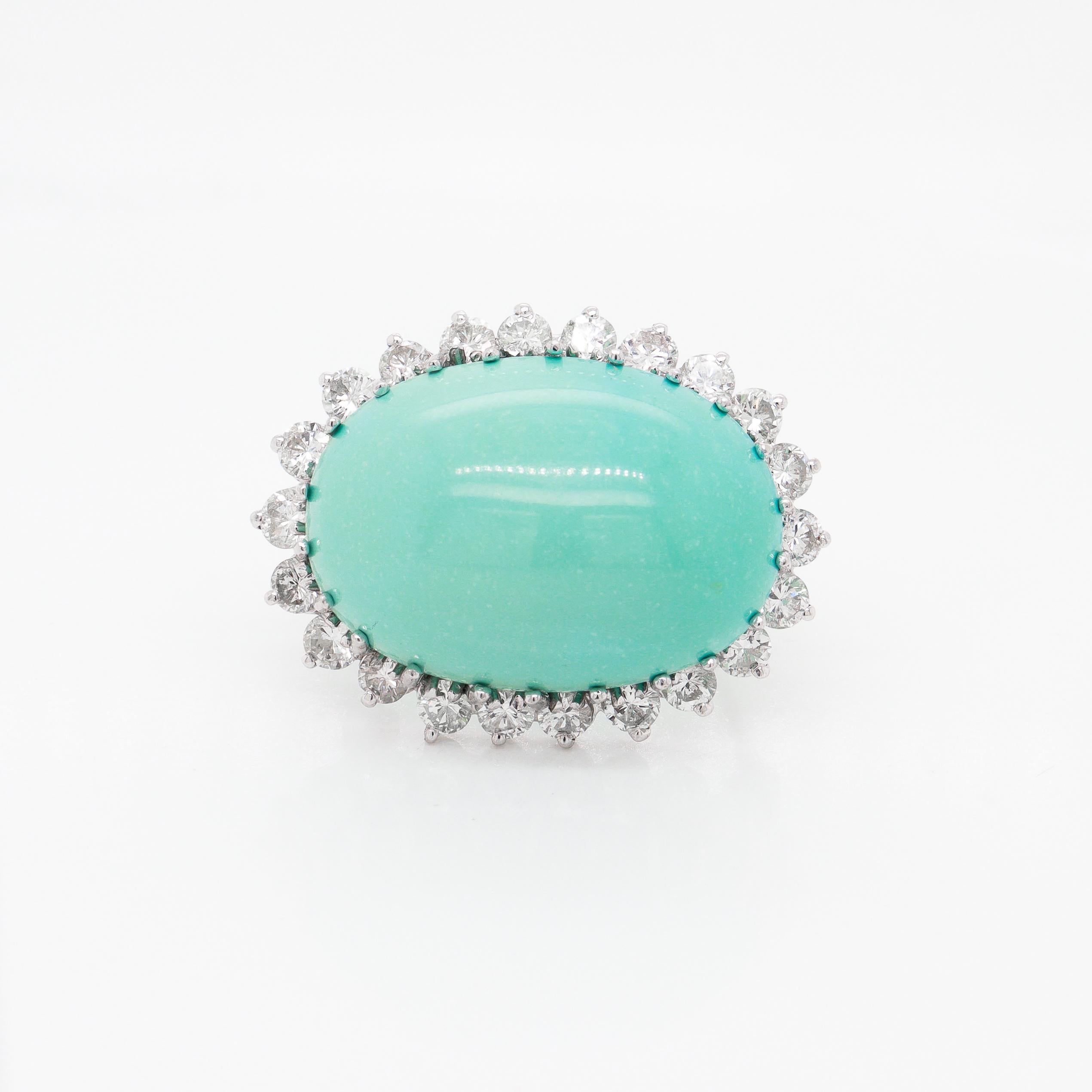 Vintage Mid-Century Modern 14k Gold, Diamond, & 33 Ct. Turquoise Cabochon Brooch For Sale 1