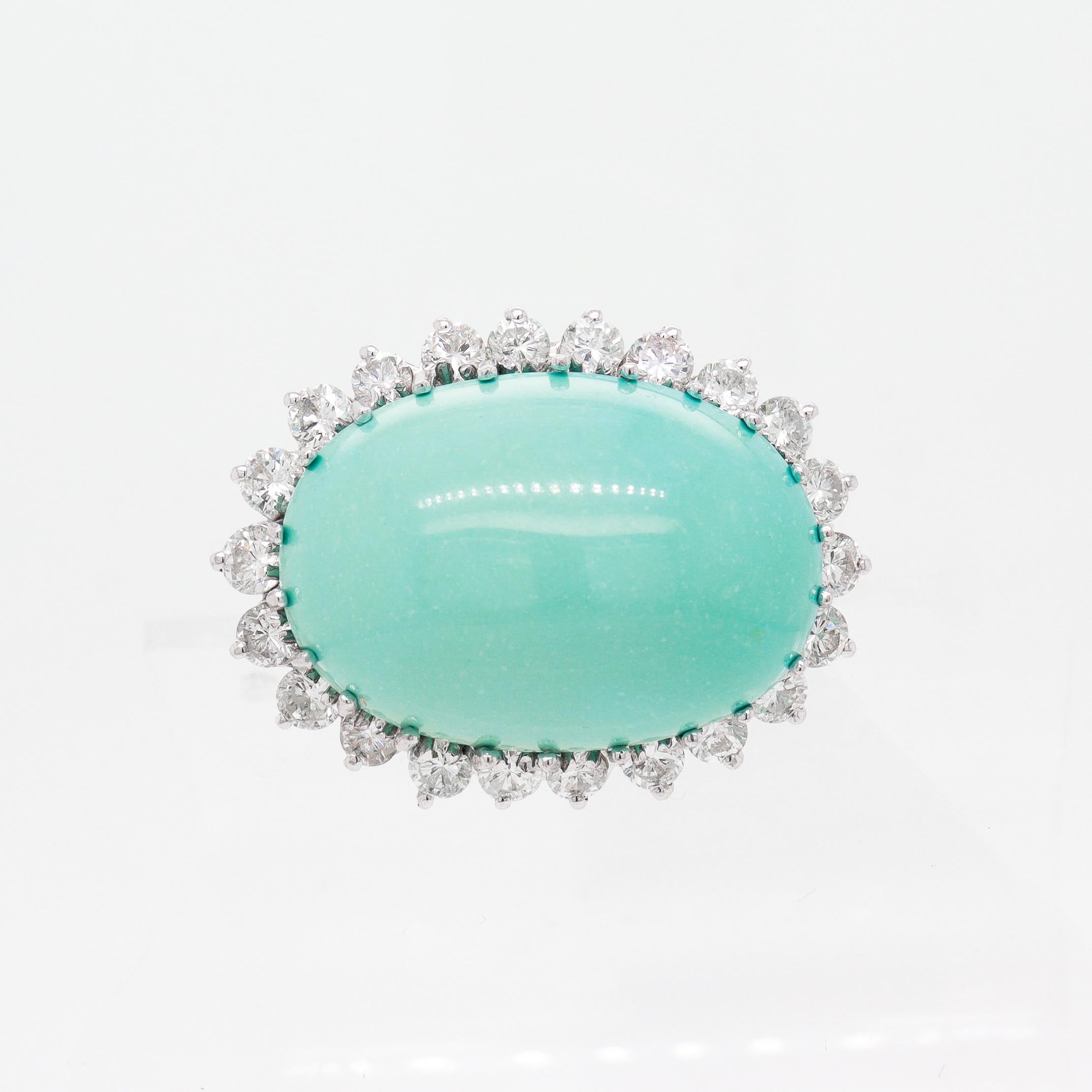 Vintage Mid-Century Modern 14k Gold, Diamond, & 33 Ct. Turquoise Cabochon Brooch For Sale 2