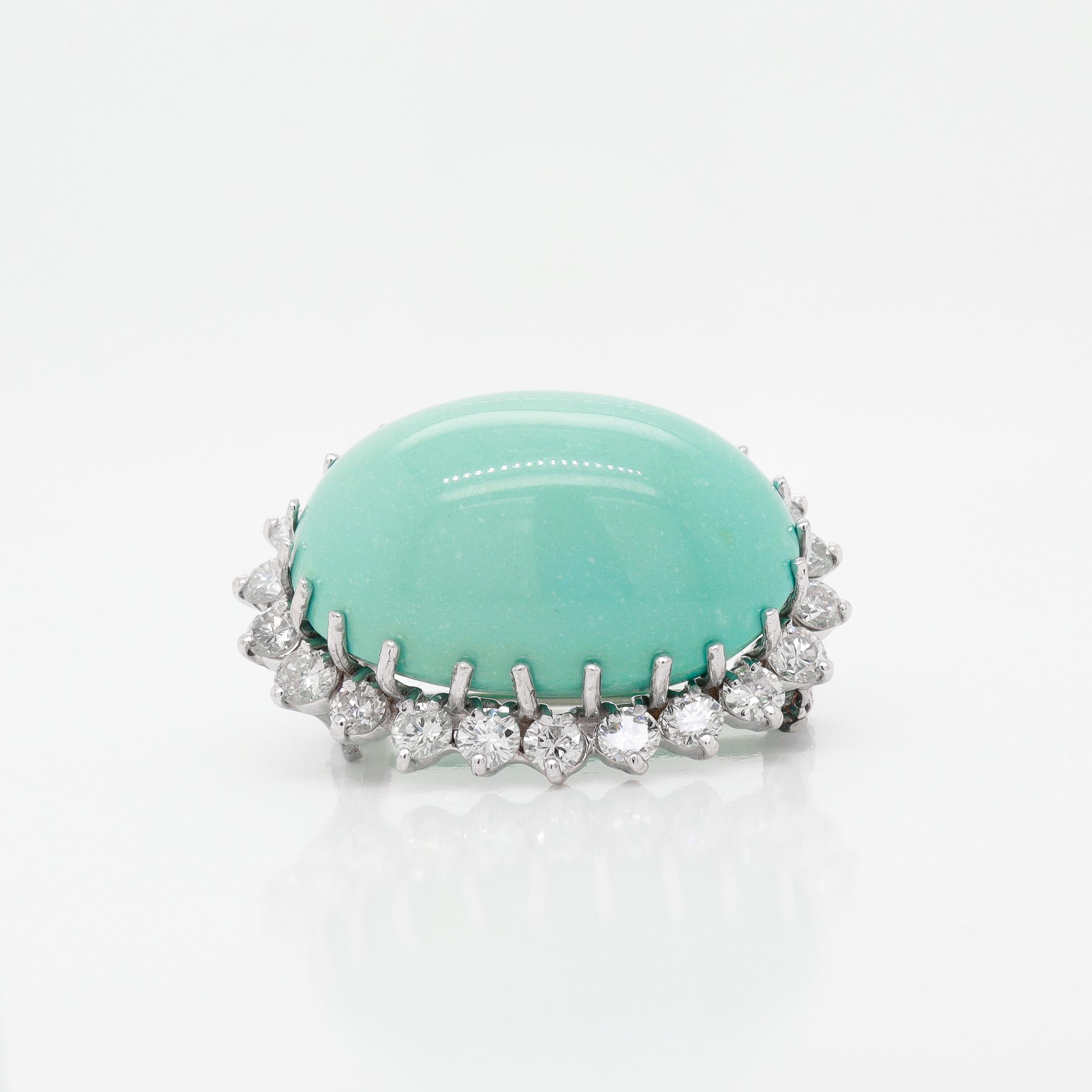 Vintage Mid-Century Modern 14k Gold, Diamond, & 33 Ct. Turquoise Cabochon Brooch For Sale 3