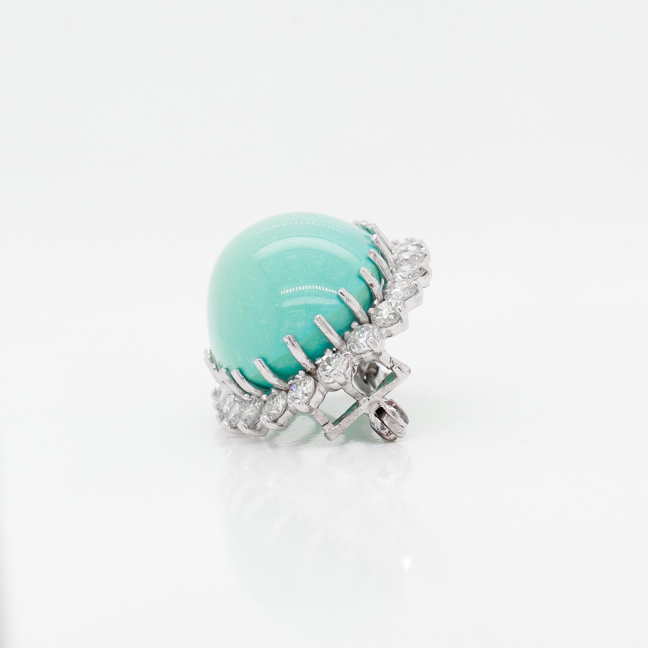 Vintage Mid-Century Modern 14k Gold, Diamond, & 33 Ct. Turquoise Cabochon Brooch For Sale 4