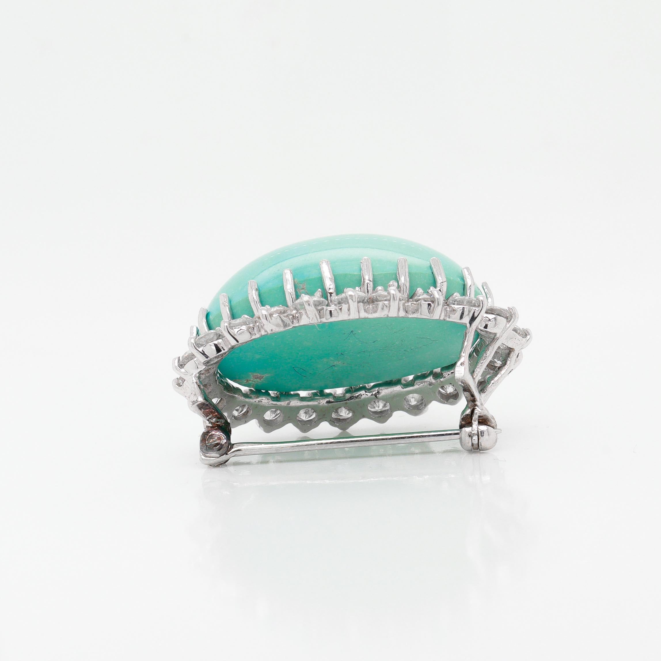 Vintage Mid-Century Modern 14k Gold, Diamond, & 33 Ct. Turquoise Cabochon Brooch For Sale 5