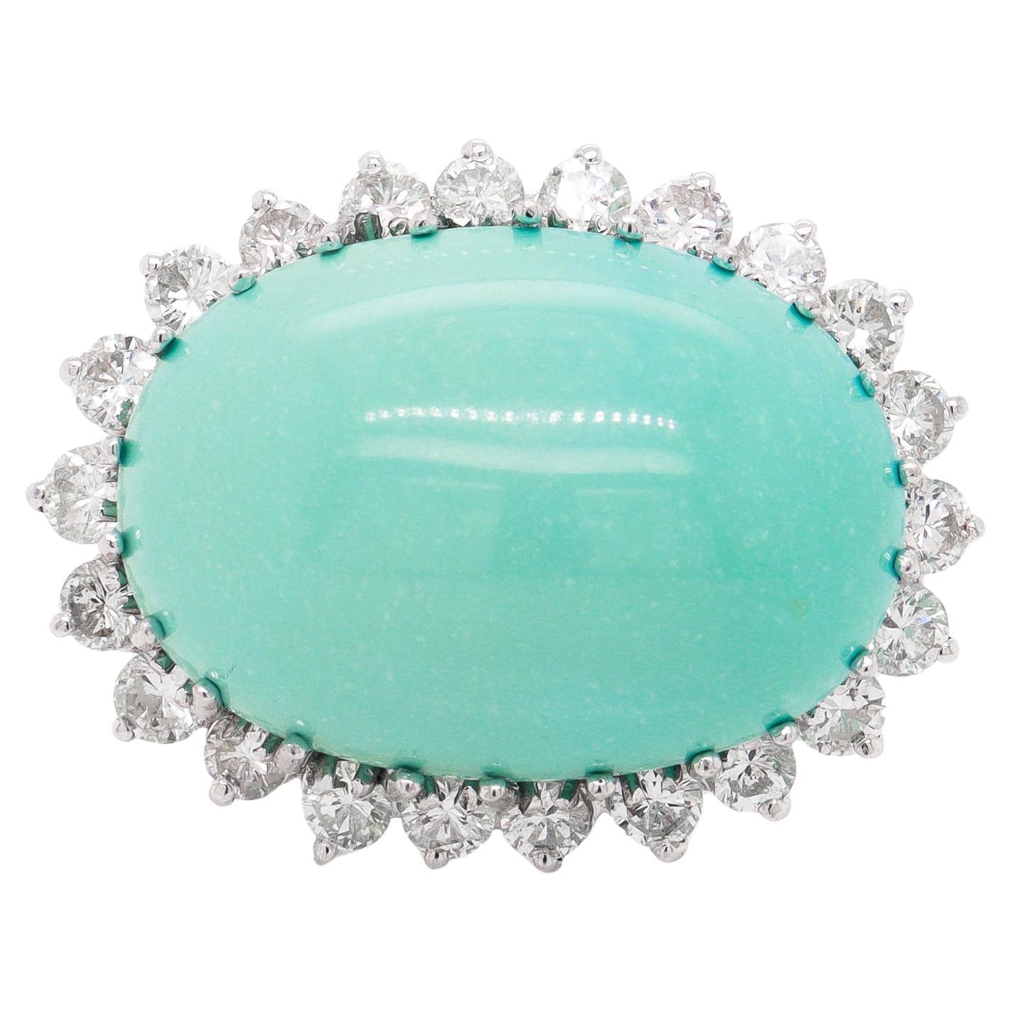 Vintage Mid-Century Modern 14k Gold, Diamond, & 33 Ct. Turquoise Cabochon Brooch For Sale