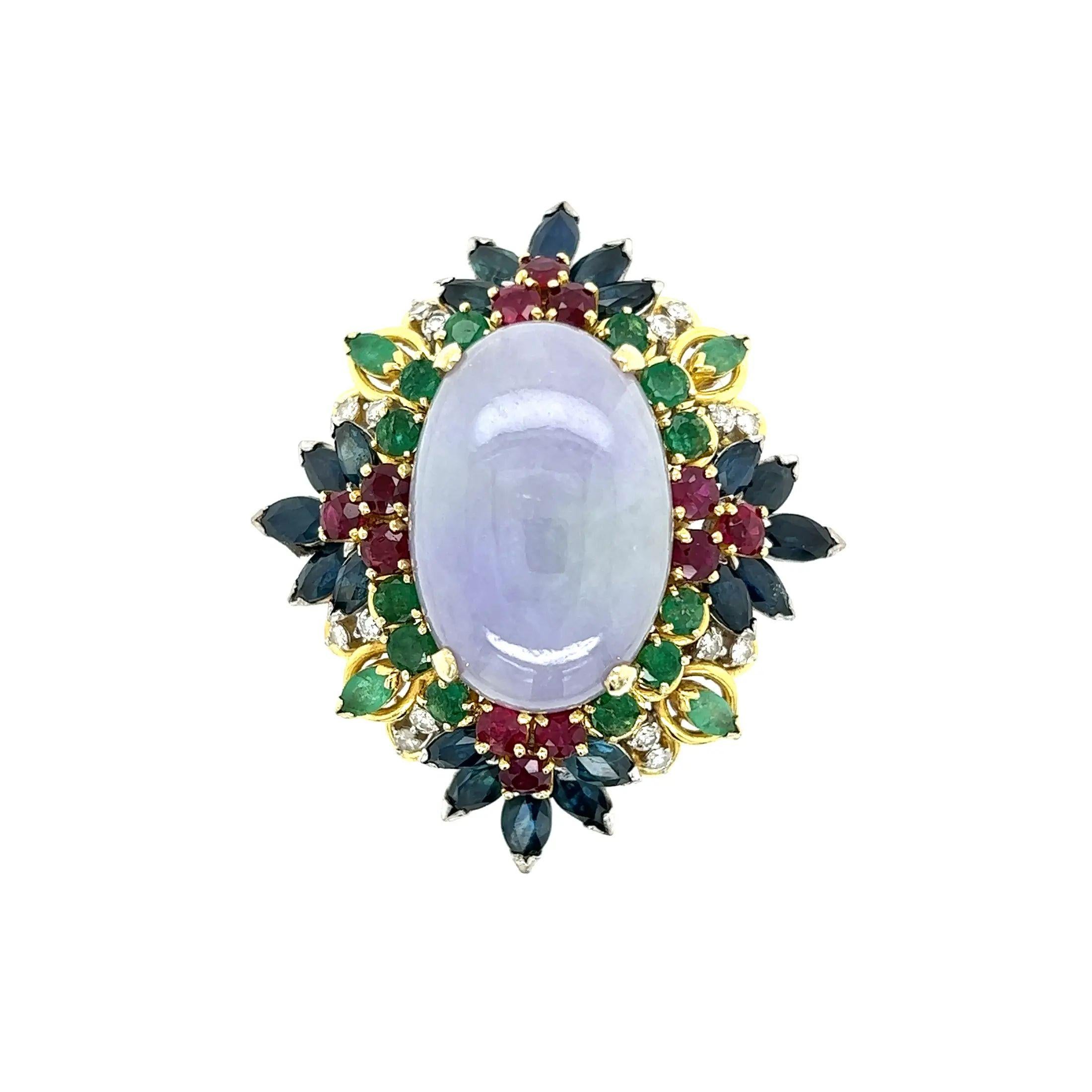 Mixed Cut Vintage Mid Century Modern 18 Carat Lavender Jade Diamond Multi Gem Gold Ring For Sale