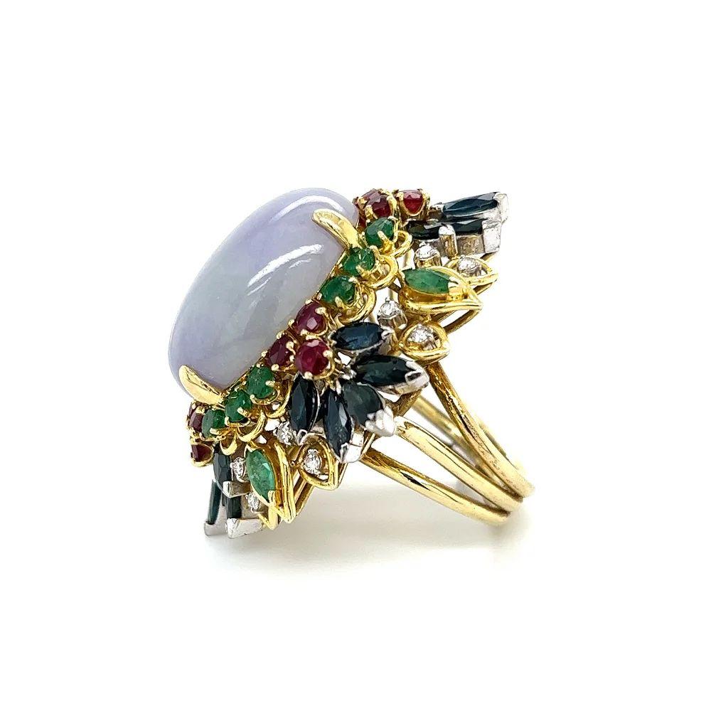 Women's Vintage Mid Century Modern 18 Carat Lavender Jade Diamond Multi Gem Gold Ring For Sale