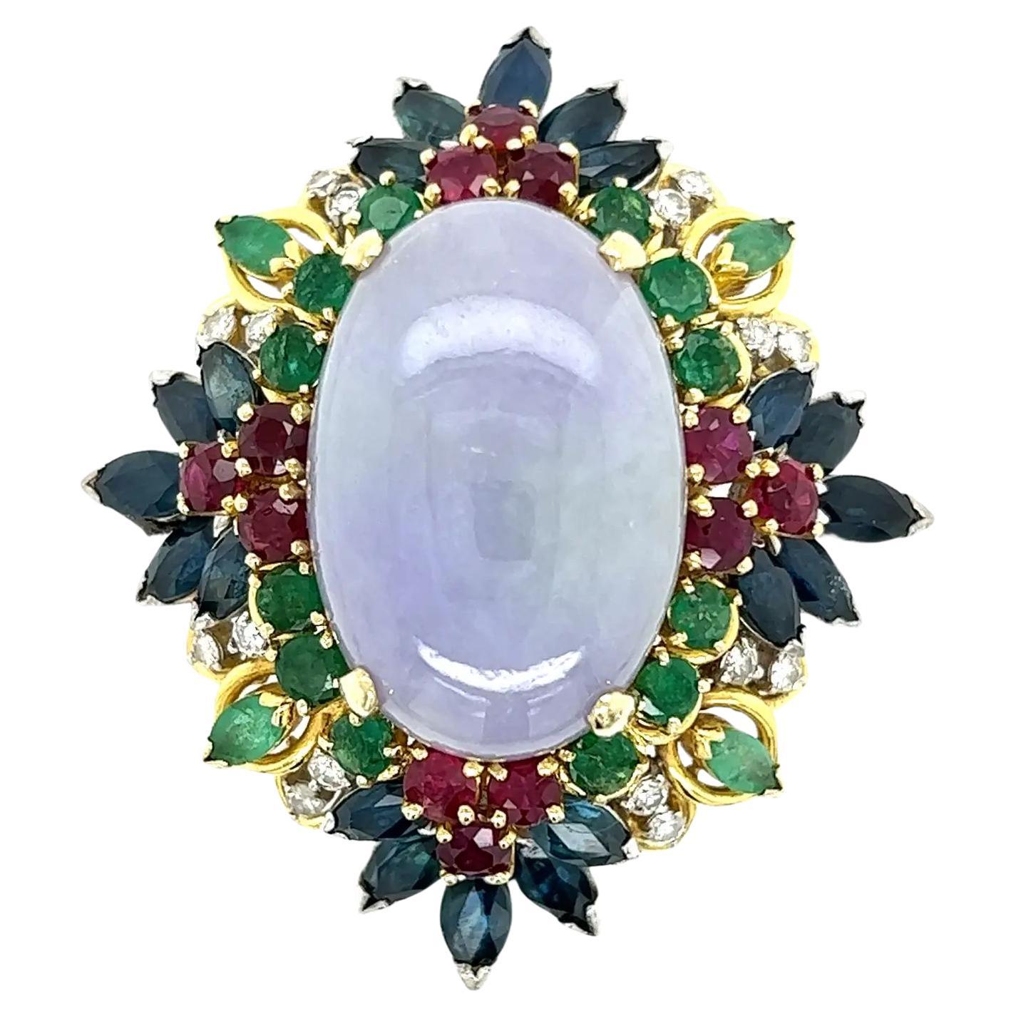 Vintage Mid Century Modern 18 Carat Lavender Jade Diamond Multi Gem Gold Ring For Sale