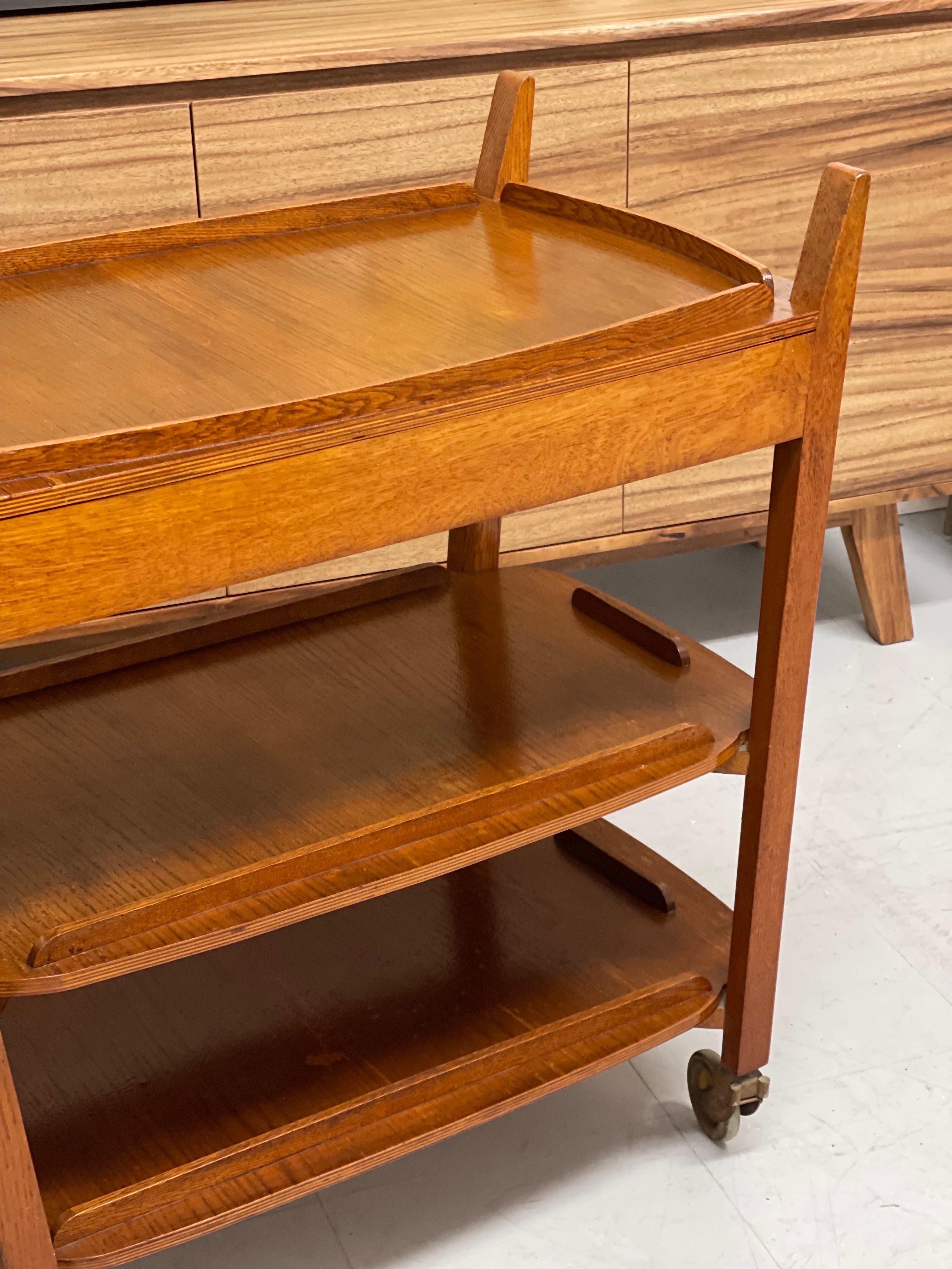 Vintage Mid-Century Modern 3 Tiered Cart in Style of Poul Hundevad. Uk Import In Good Condition For Sale In Seattle, WA