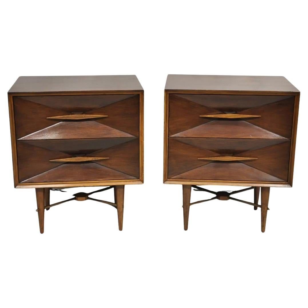 Vintage Mid Century Modern 3D Diamond Facade Walnut Nightstands - a Pair