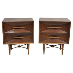 Vintage Mid Century Modern 3D Diamond Facade Walnut Nightstands - a Pair