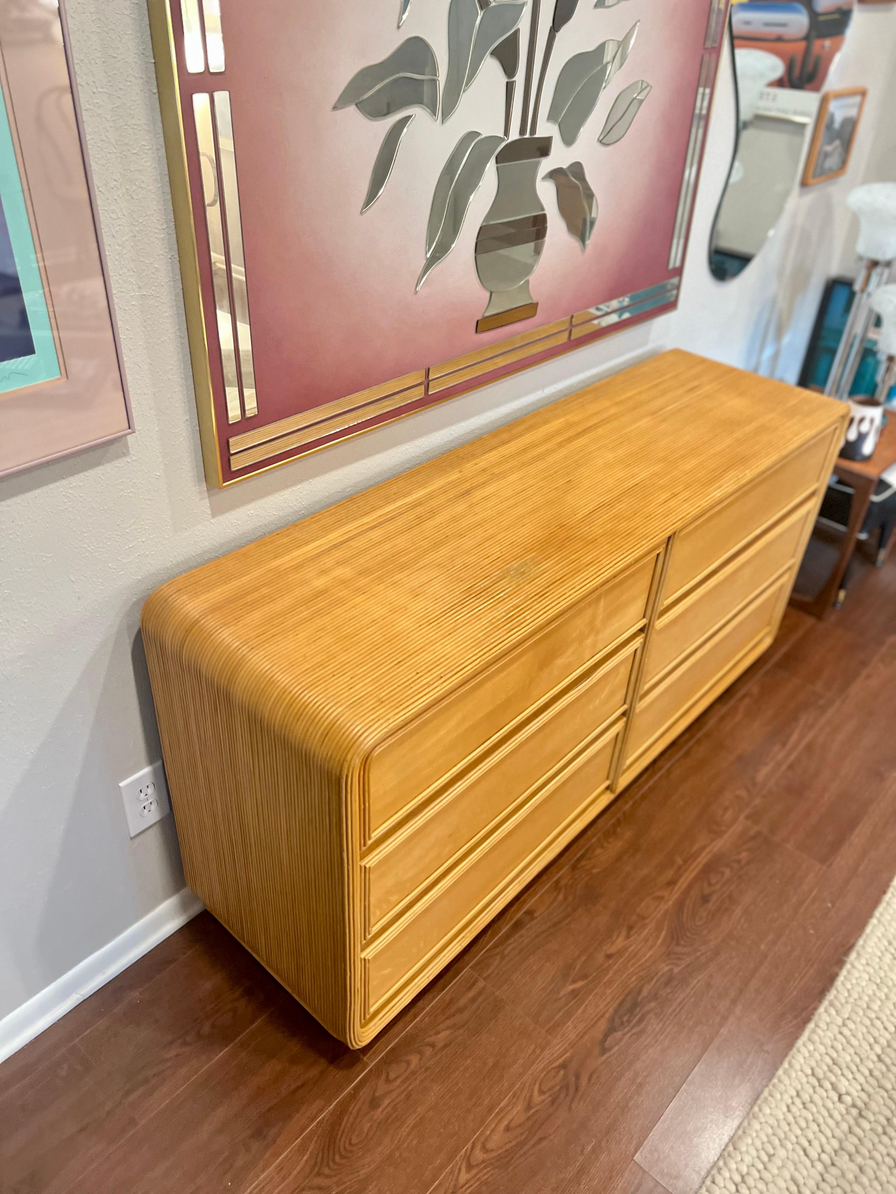 Bamboo Vintage Mid-Century Modern 6 Drawer Pencil Reed Dresser Gabriella Crespi Style For Sale