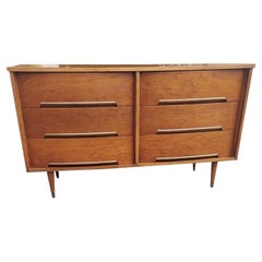 Vintage Mid-Century Modern 6 Drawer Walnut and Brass Dresser