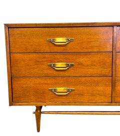 Vintage Mid-Century Modern 6-Drawer Walnut Dresser with Brass Toned Hardware