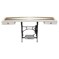 Vintage Mid Century Modern 65" Long Console Table w/ Iron Sewing Machine Base