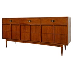 Vintage Mid-Century Modern 9 Drawer Dresser With Diamond Parquet Accent Inlay.
