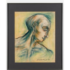 Dibujo vintage de un retrato en tonos pastel de mediados del siglo XX, de los años 90, firmado por M. Costello.