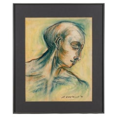 Dibujo vintage de un retrato en tonos pastel de mediados del siglo XX, de los años 90, firmado por M. Costello.