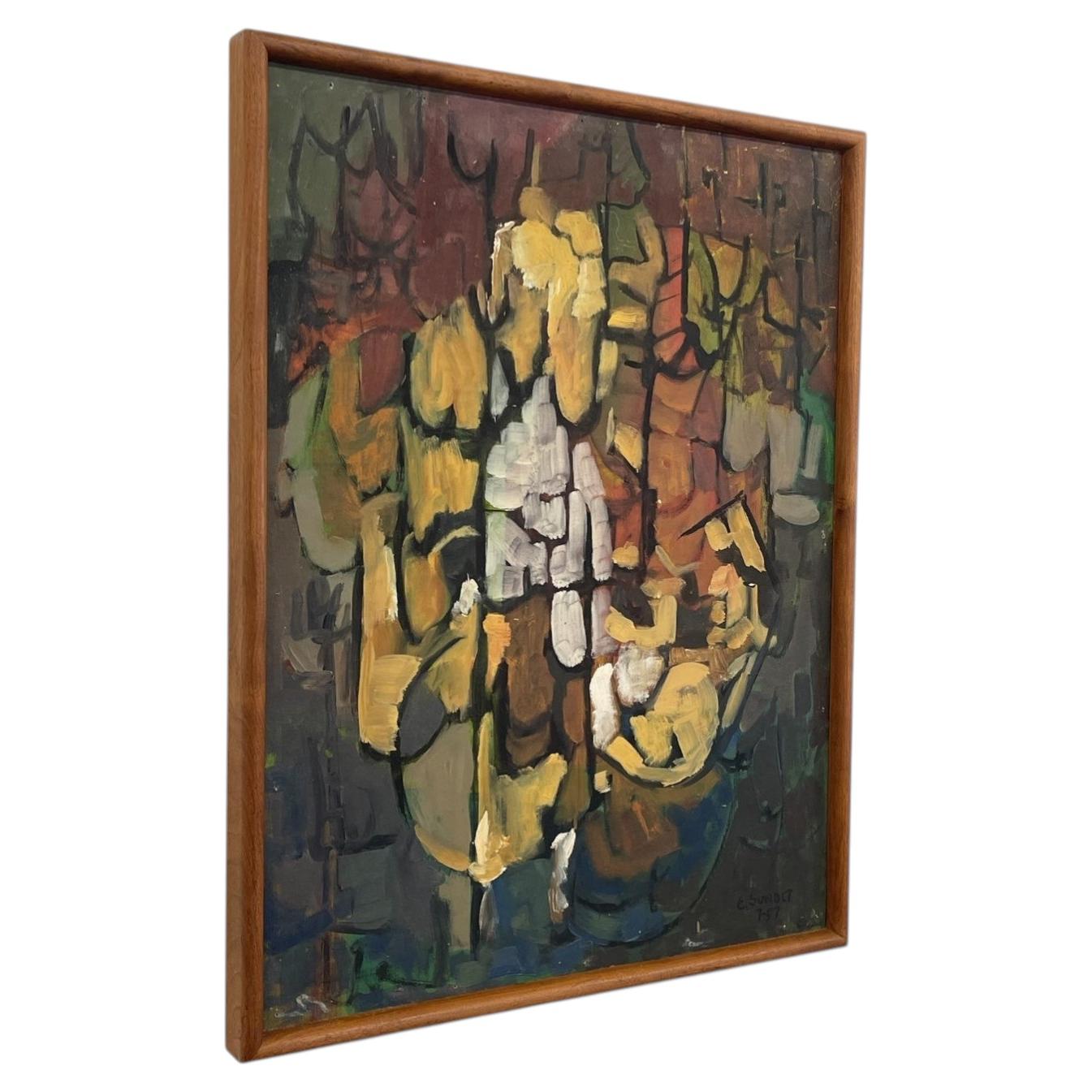 Vintage Mid-Century Modern Abstract Floral Painting by E. Sundt, Signed '57