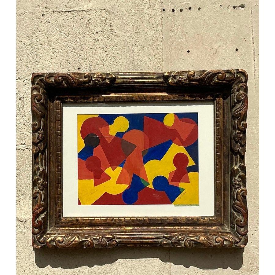 Aggiungi un tocco di modernità di metà secolo alla tua collezione con questo straordinario quadro geometrico astratto. Caratterizzata da vibranti tonalità di rosso, giallo e blu, la composizione affascina con il suo gioco di forme e movimento,