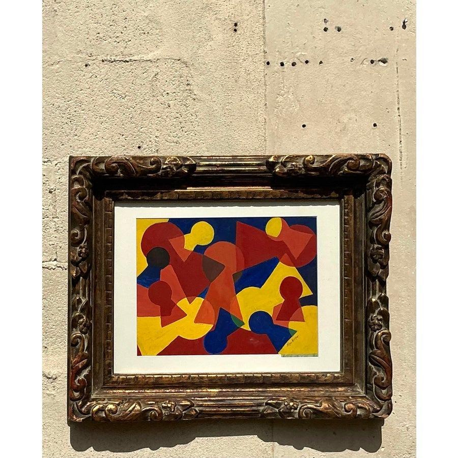 Americano Pittura geometrica astratta vintage su carta della metà del secolo scorso in vendita