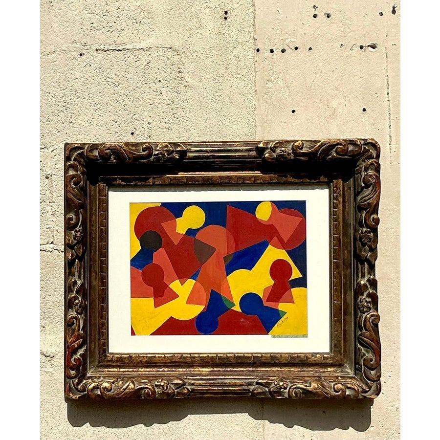 Vetro Pittura geometrica astratta vintage su carta della metà del secolo scorso in vendita
