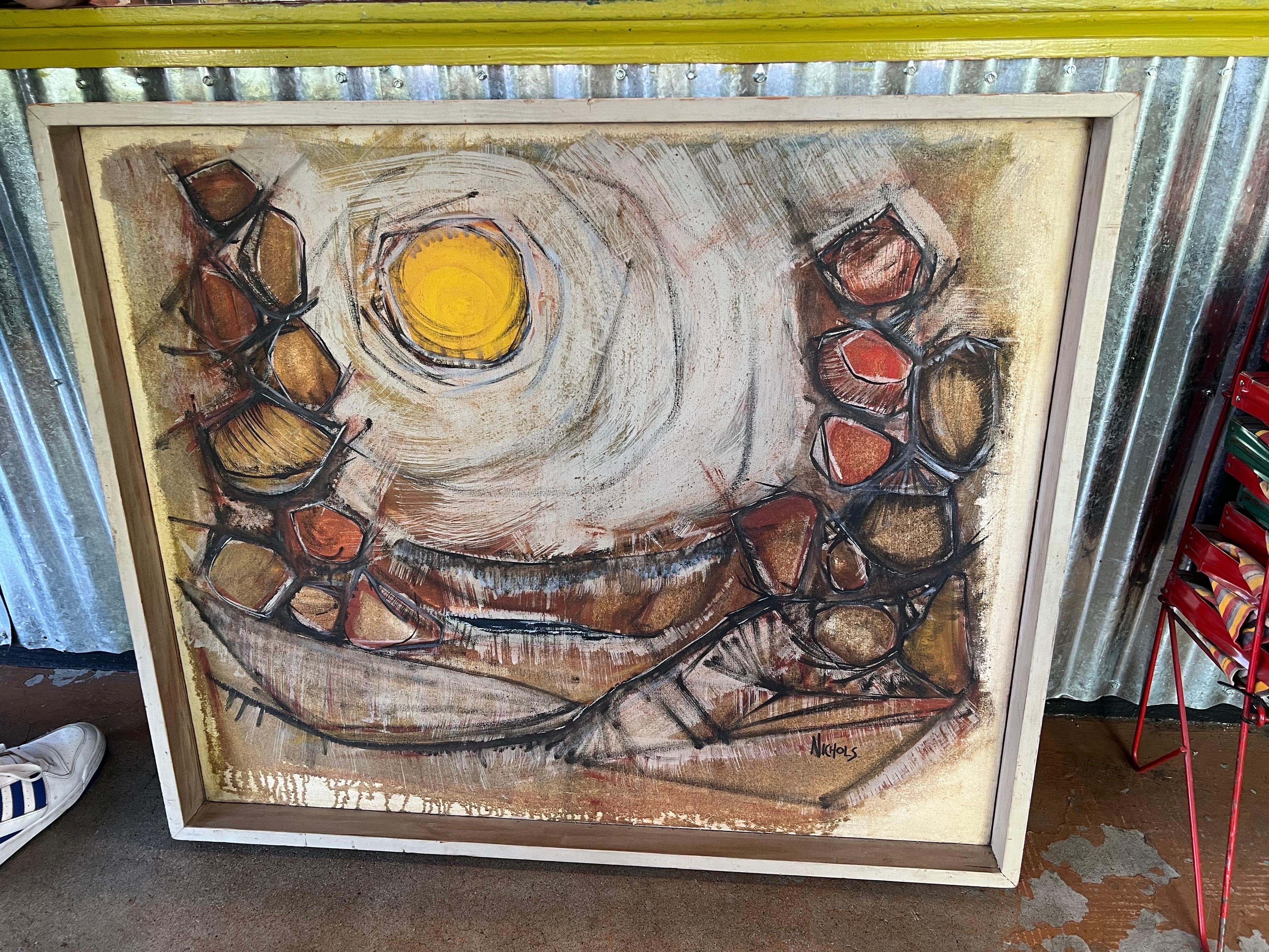 Wood Vintage Mid Century Modern Abstract Painting Framed Signed