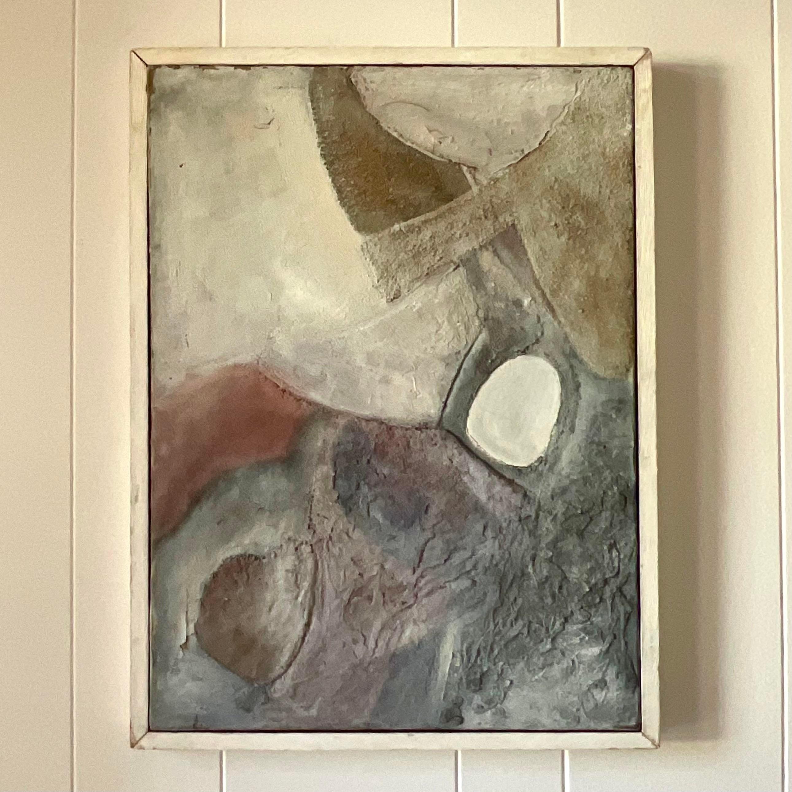 A vintage Mid-Century Modern original oil painting on canvas. A chic Abstract composition in pale neutral colors. Signed and Dated 1963. Acquired from an Miami estate.