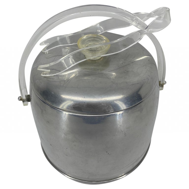 Vintage MidCentury Modern Aluminum and Lucite Ice Bucket and Tongs For